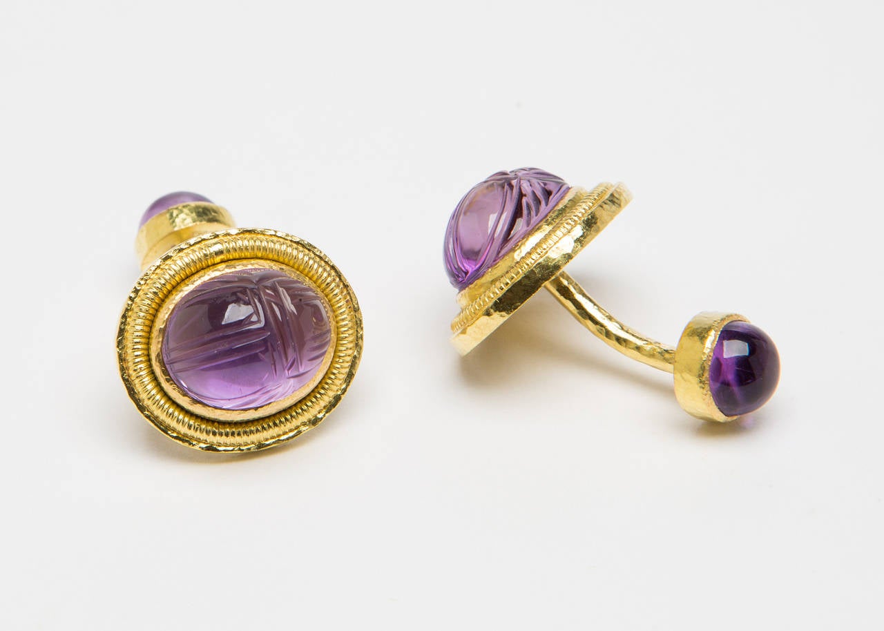 Carved Amethyst Scarabs are framed by beautiful Elizabeth Locke textured gold mountings. Classic Style !!!