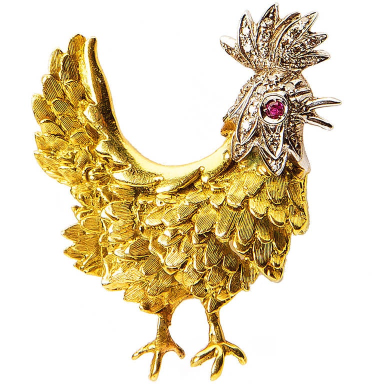 Tiffany & Co. Whimsical Diamond Gold Rooster Pin