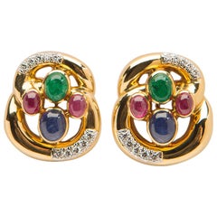 David Webb Emerald Ruby Sapphire Diamond Gold Earrings