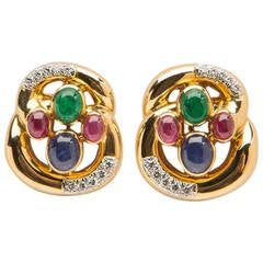 David Webb Emerald Ruby Sapphire Diamond Gold Earrings 5