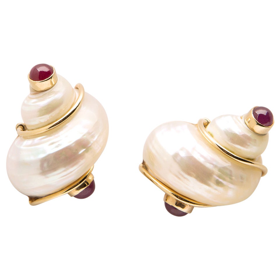 Seaman Schepps Shell Ruby Gold Earrings