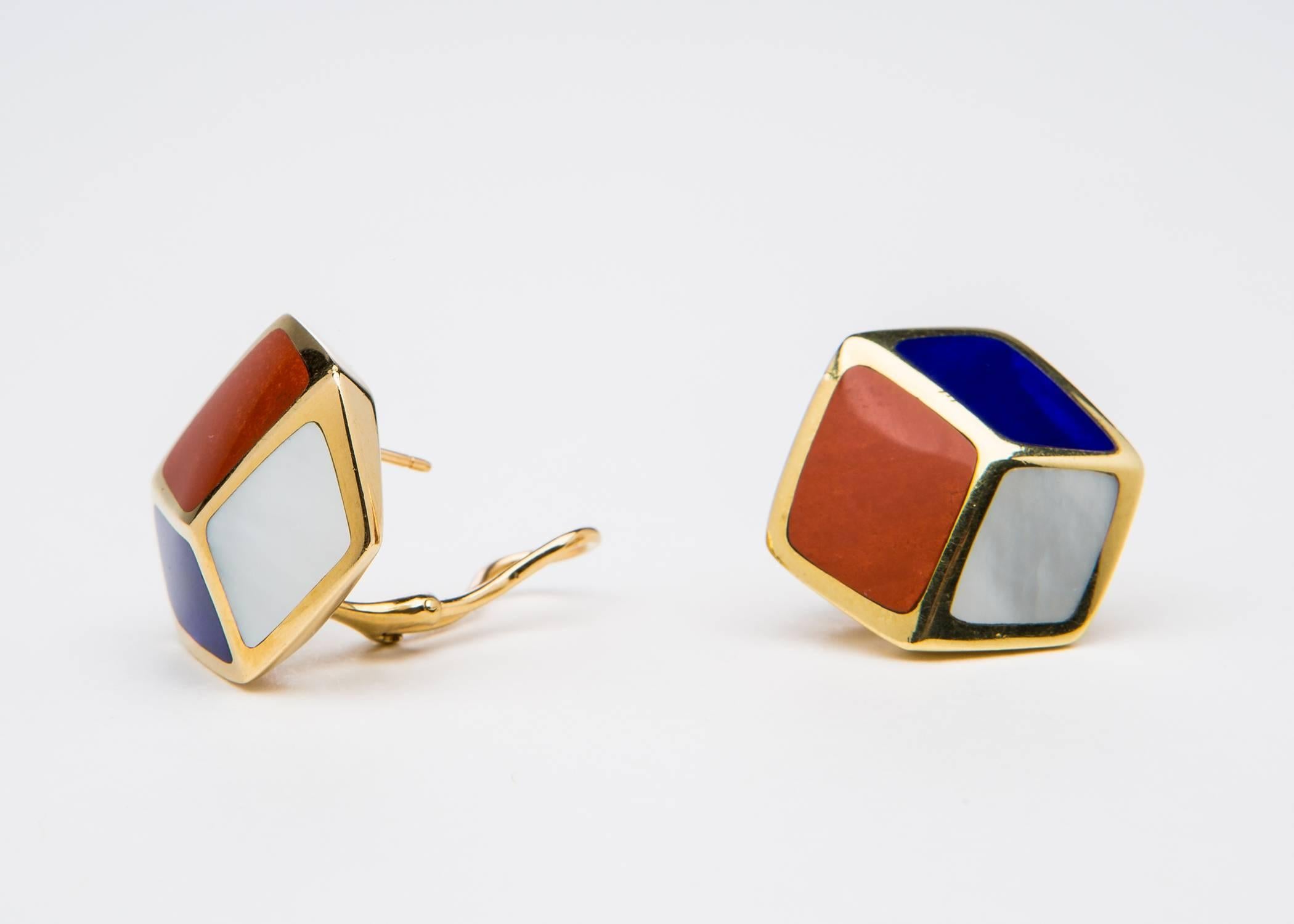 Contemporary Tiffany & Co. Lapis Carnelian Mother-of-Pearl Gold Geometric Earrings