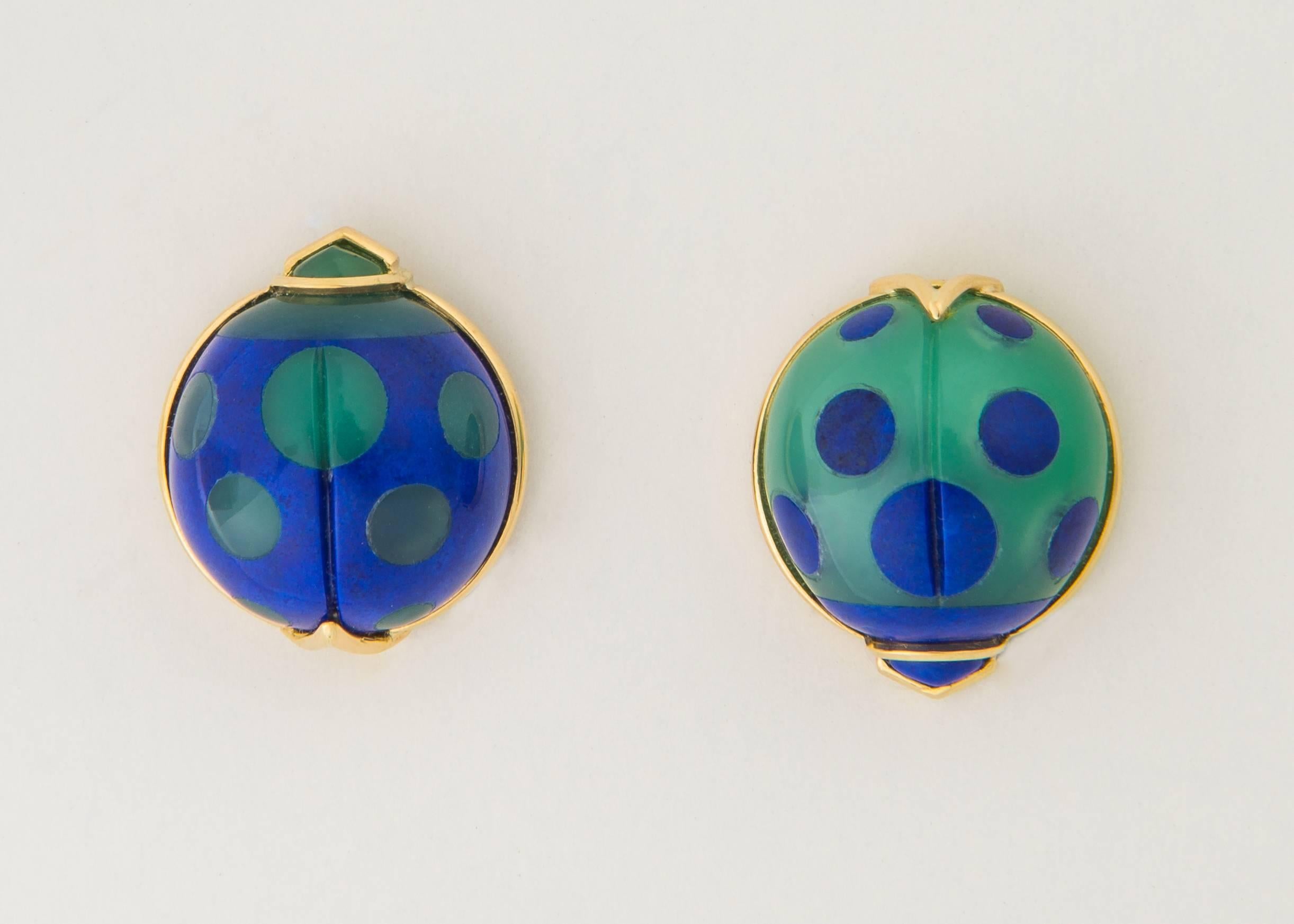 Simply Adorable !!! Lapis and chrysoprase are a perfect color combination for these playful chic lady bug earrings. These completely handmade earrings measure 3/4's of an inch.