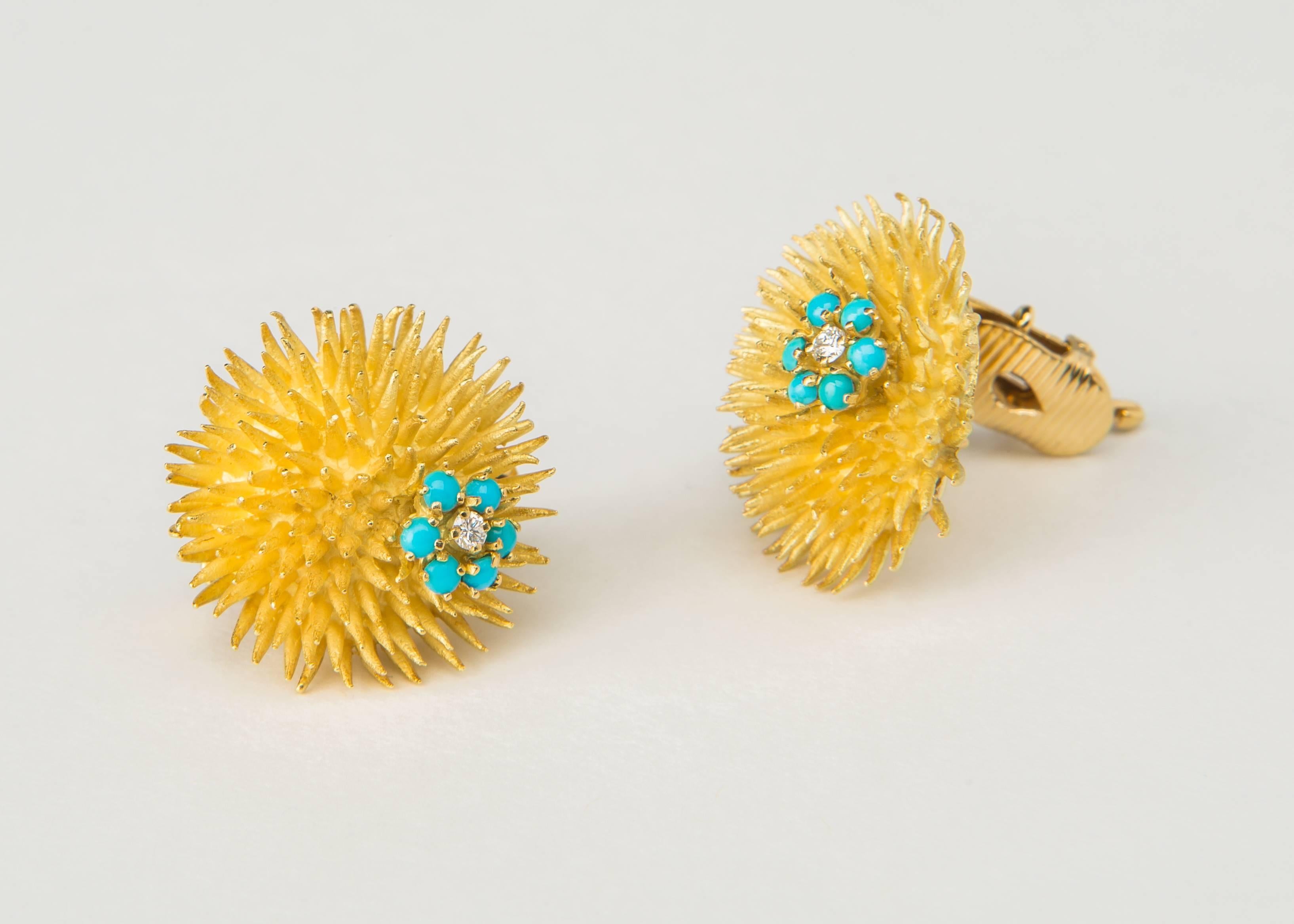 A rare and hard to find example of Jean Schlumberger's genius. His bold chic version of a sea urchin is accented with turquoise and diamonds. This classic size measures 7/8's of an inch