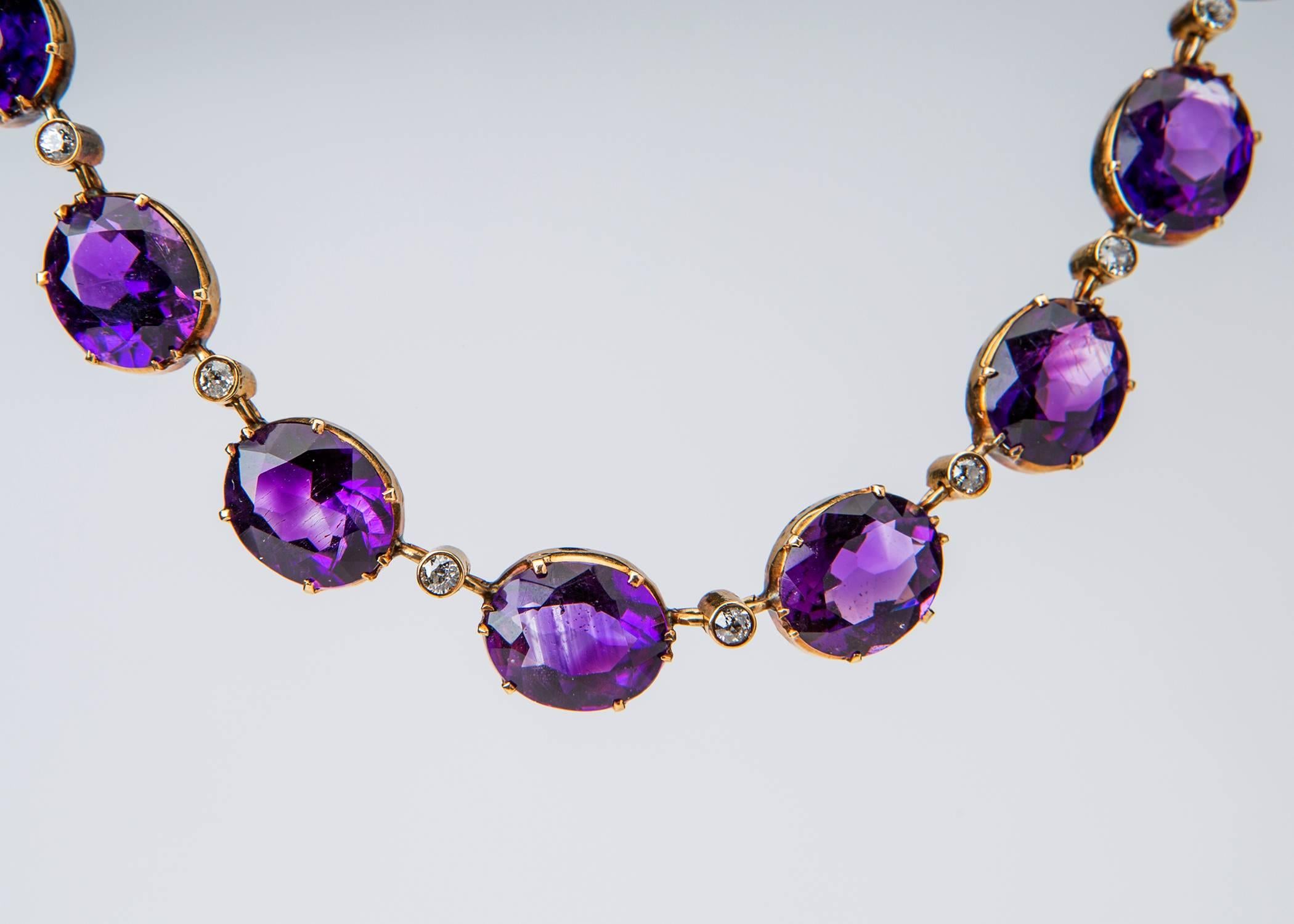 Twenty oval faceted amethysts and twenty old european cut diamonds create a classic riviera necklace. The amethysts are rich purple with flashes of red. This  vintage Victorian necklace is handmade and simply elegant. The length is 15 inches.