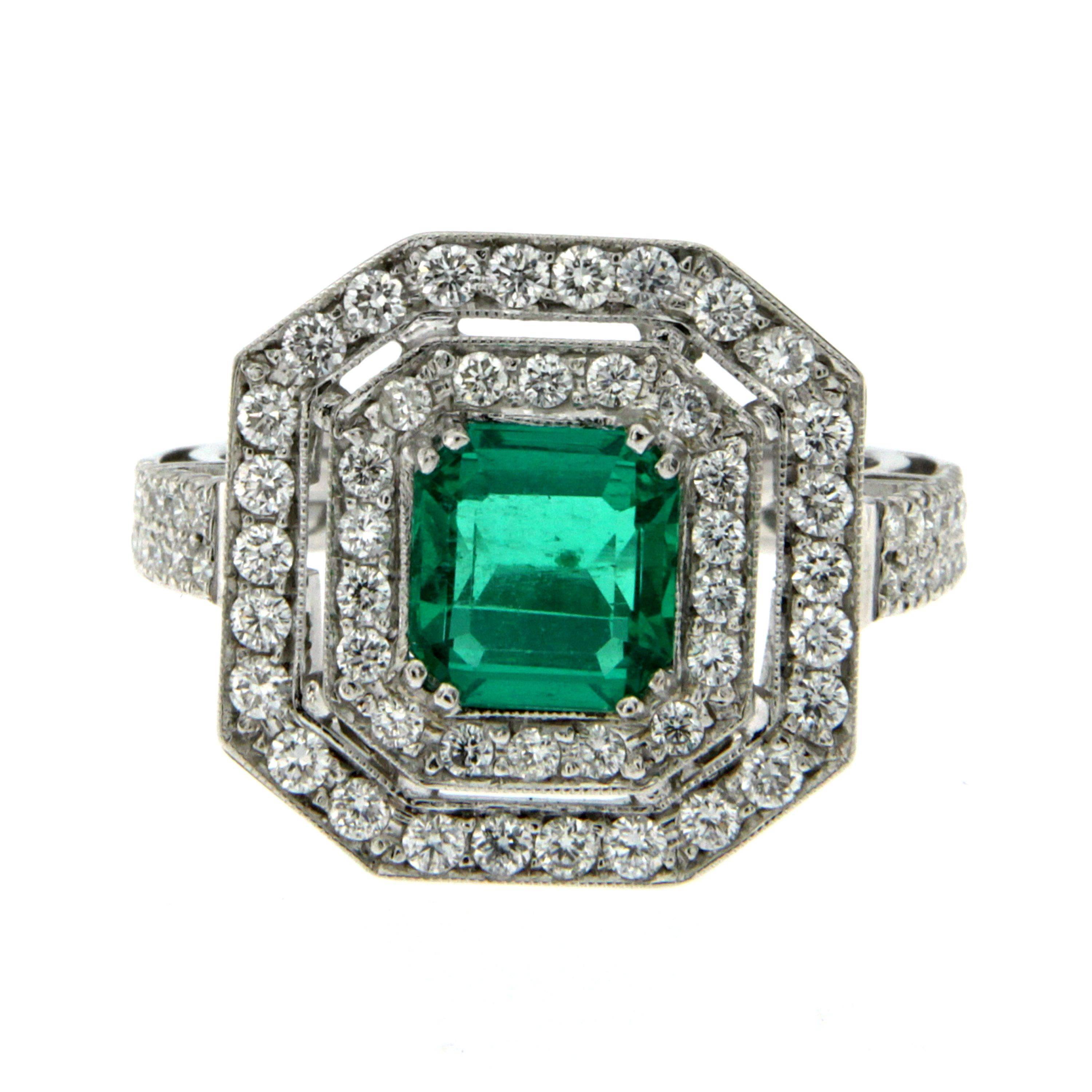 Contemporary 1.67 Carat AGL Cert Emerald Diamond Gold Engagement Ring