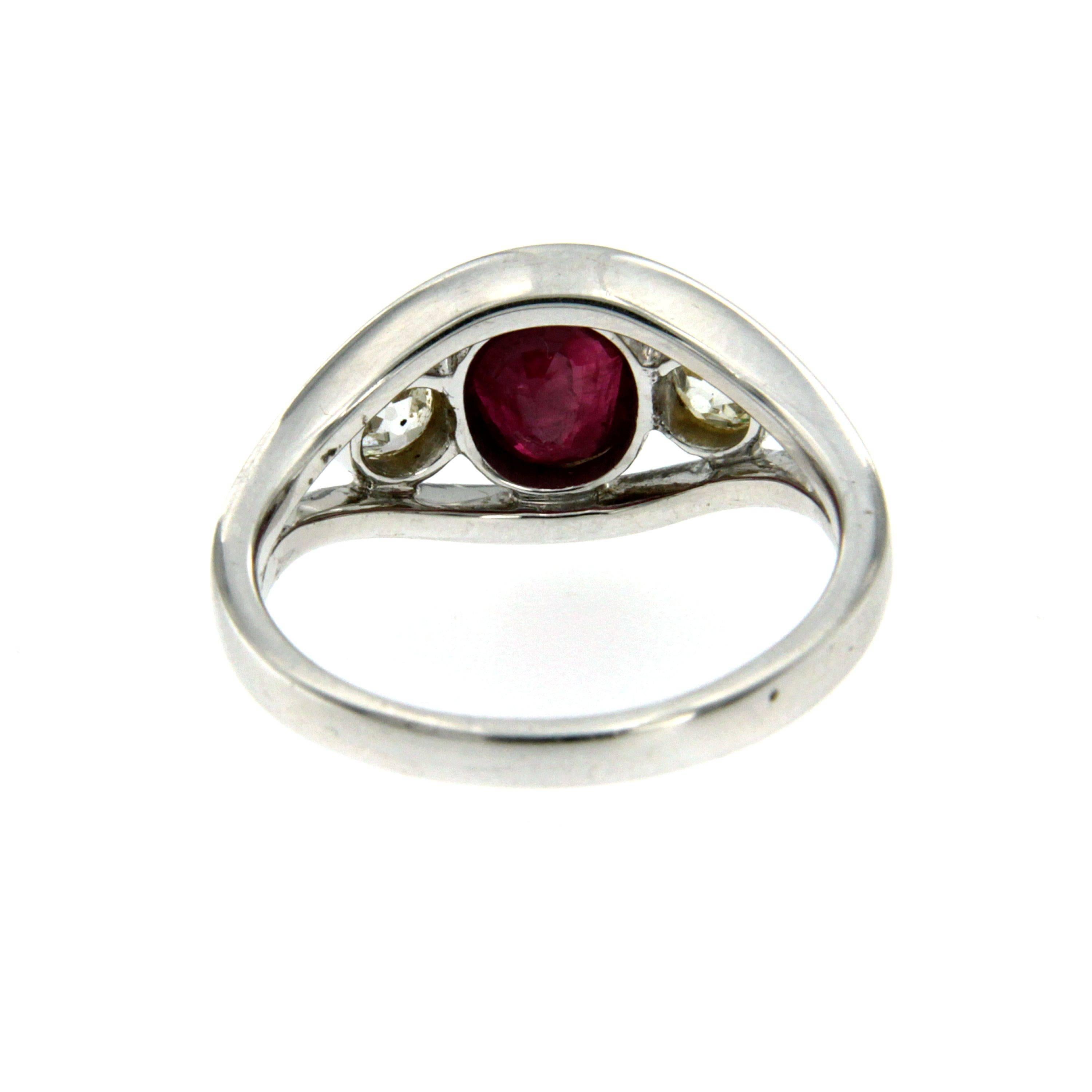 Women's Art Deco Ruby Diamond Three Stone Gold Ring
