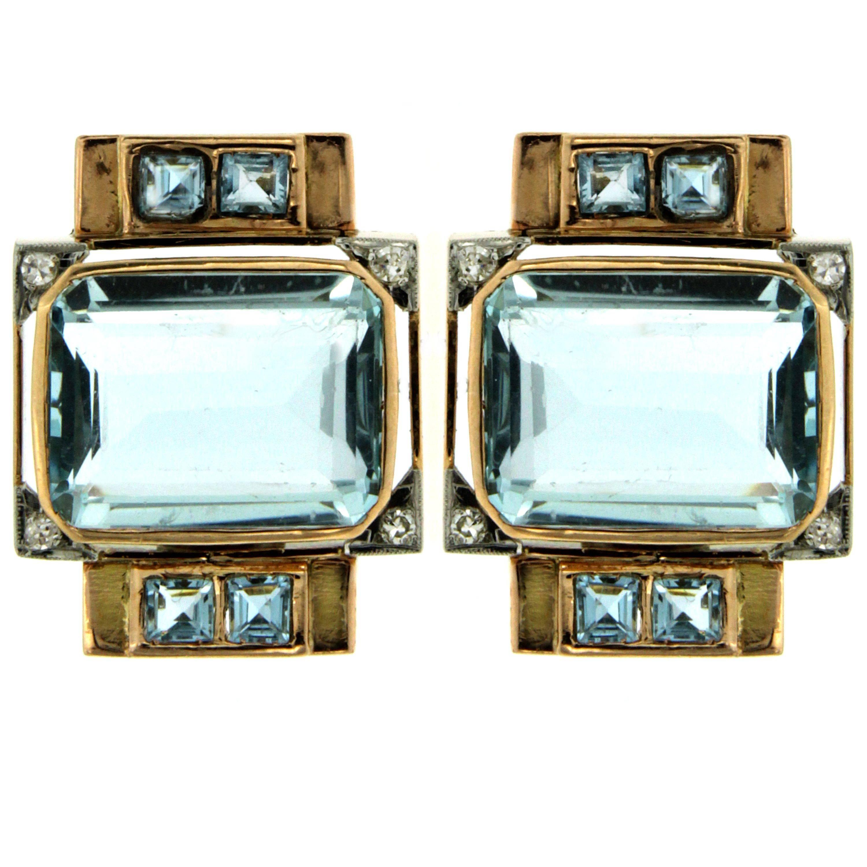 1940 Aquamarine Diamond Gold Earrings
