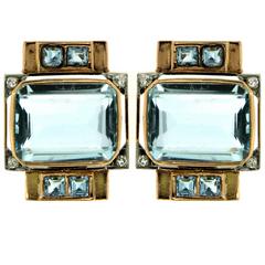 1940 Aquamarine Diamond Gold Earrings