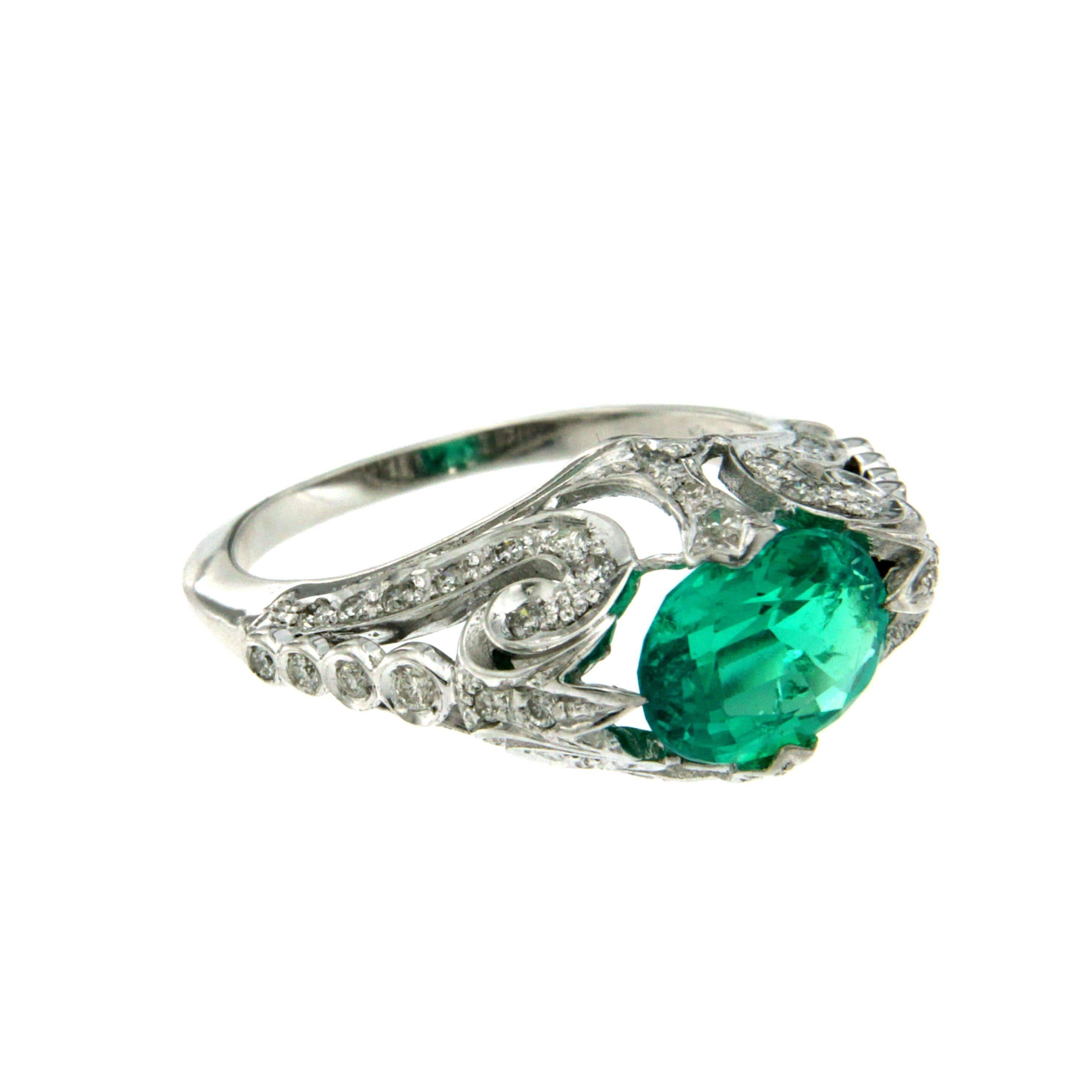Art Nouveau Synthetic Emerald Diamond Gold Ring