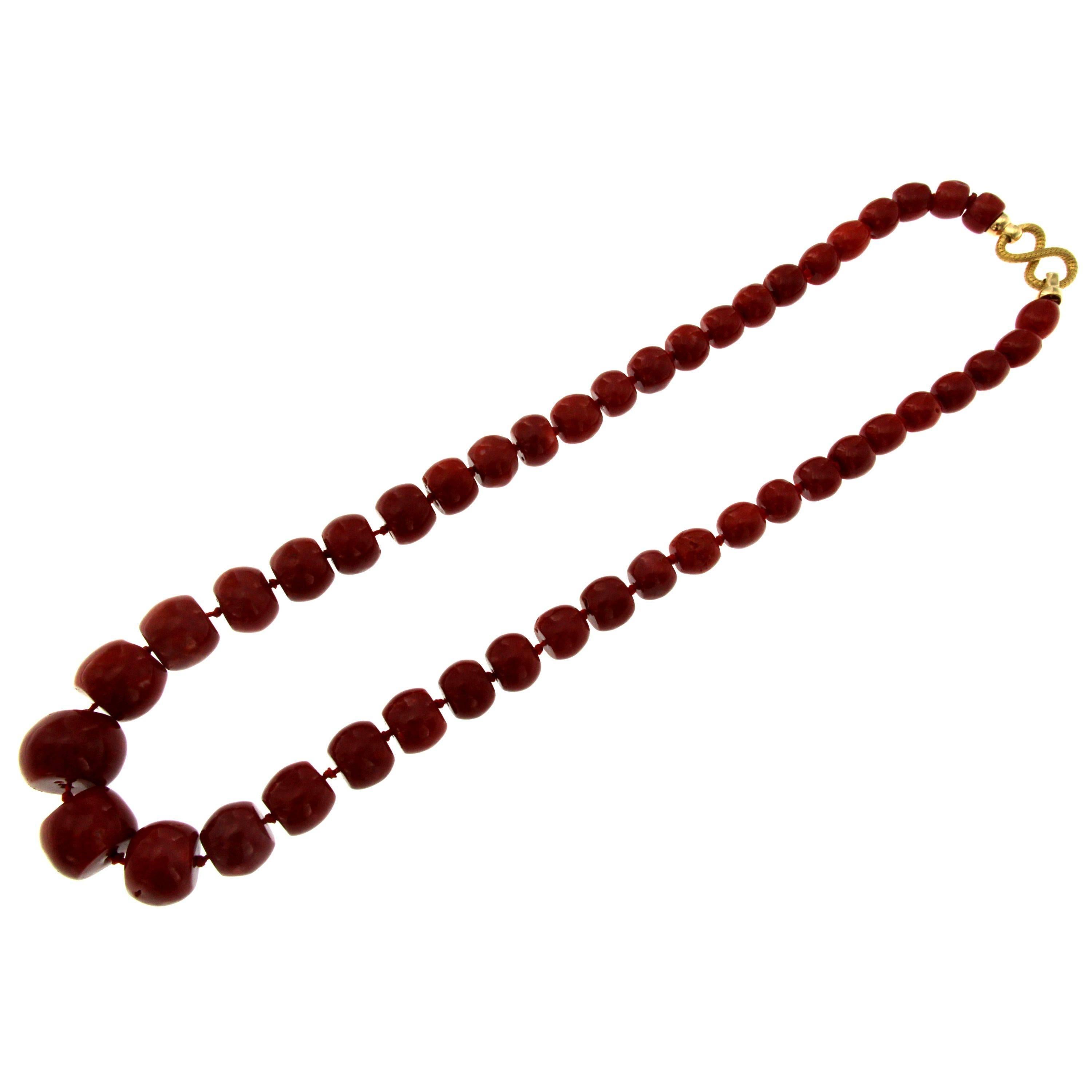 A truly Rare necklace strand of fine Aka Japanese red intensive coral beads. Circa 1960 
The coral is one of the greatest variety, 100% natural not dyed or worked with any resin or other synthetic materials free from any matural blemish