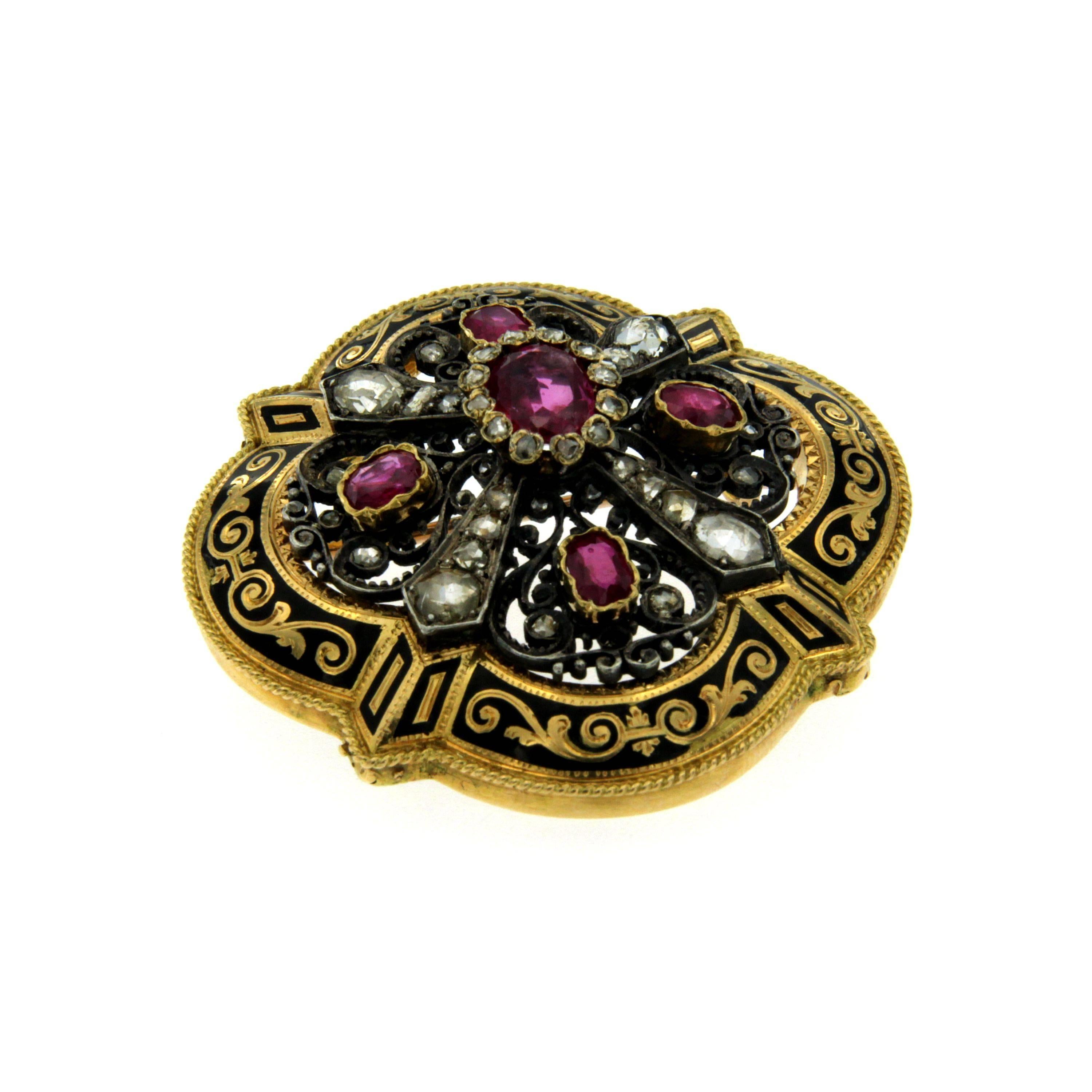 Handmade of solid 18k gold and silver this antique brooch, dates back from 1800' - Authenthic
It is set with Natural Ruby, oval cut no heat, and sparkling old mine cut Diamonds. 
Really beautiful the excellent enameling work

CONDITION: