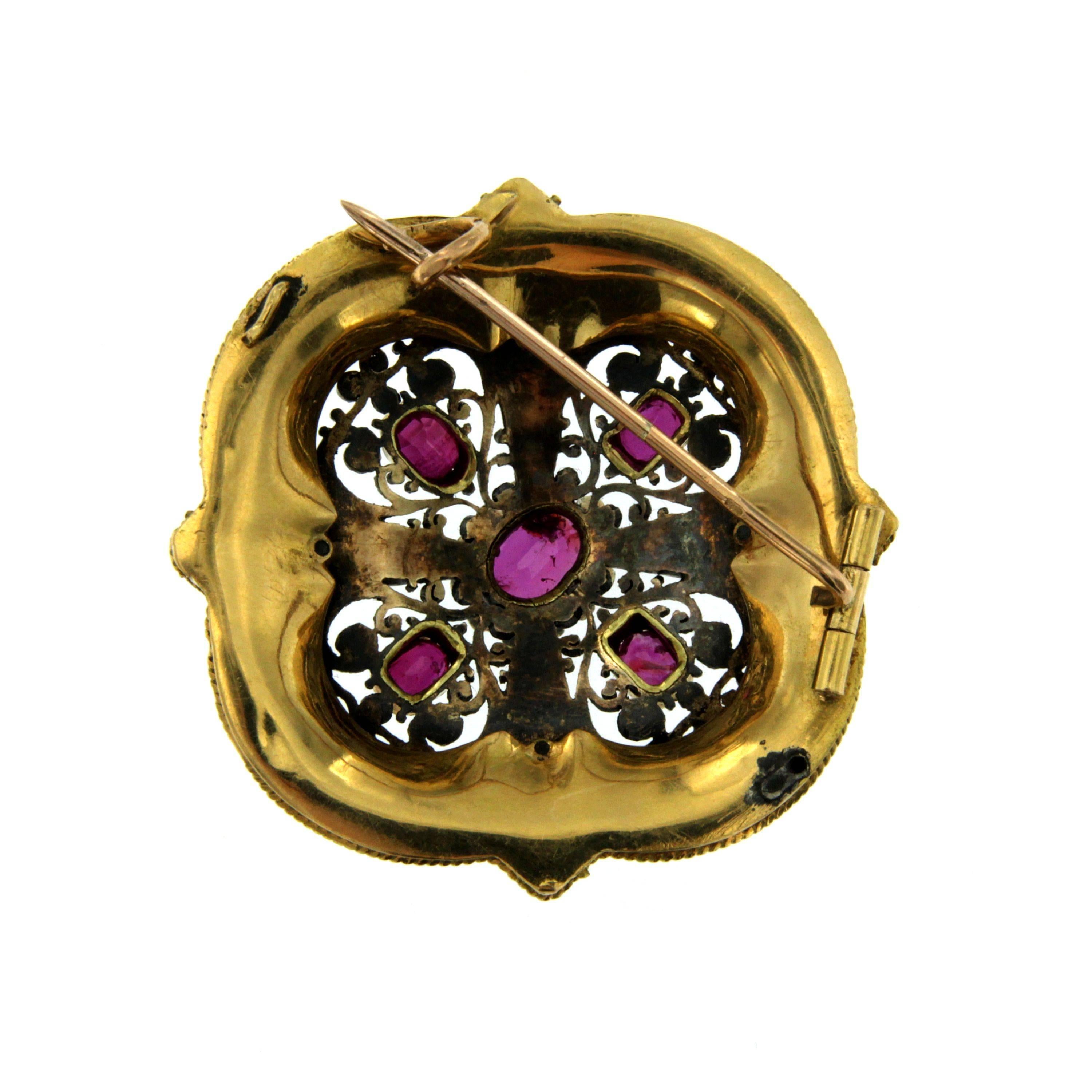 Georgian Diamond Ruby Enamel Gold Brooch/Clasp In Excellent Condition In Napoli, Italy