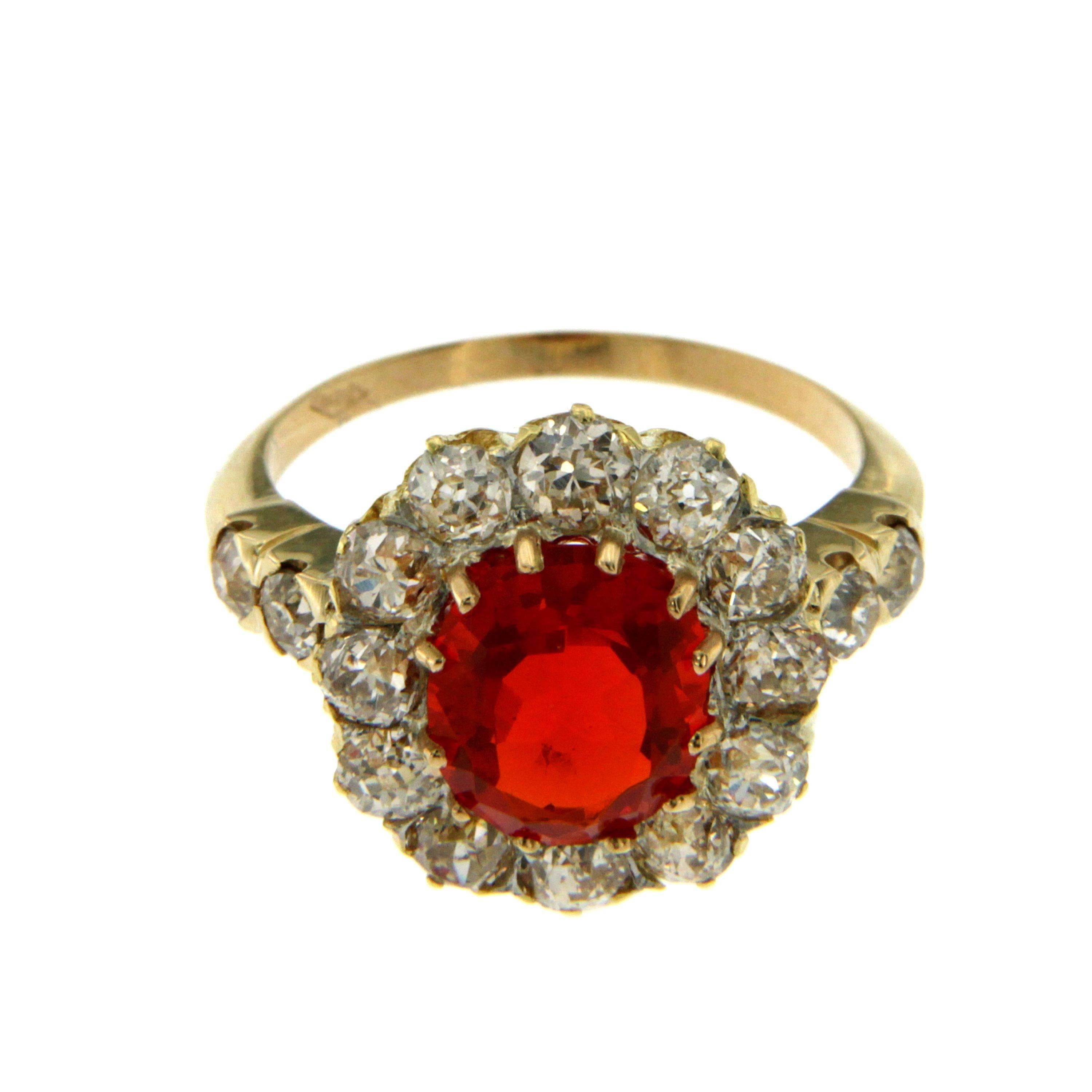 Antique Fire Opal Diamond Cluster Gold Ring 2
