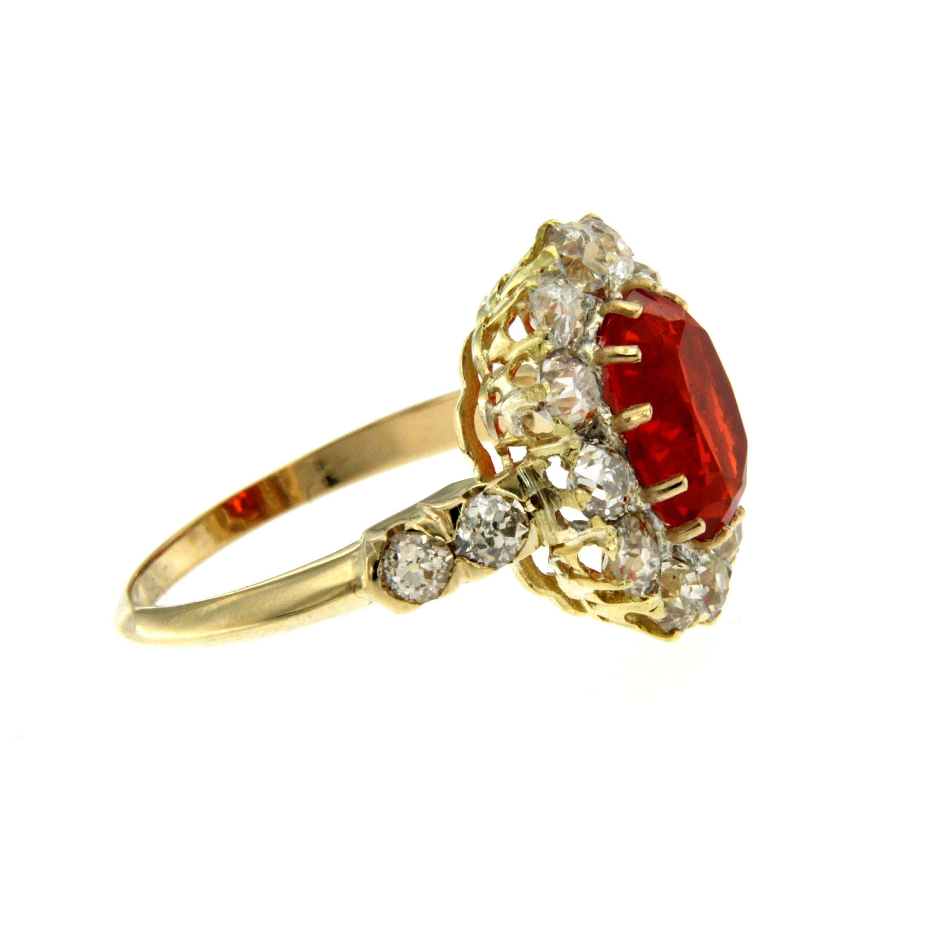 Antique Fire Opal Diamond Cluster Gold Ring 3