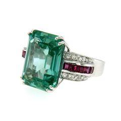 1940 Rare 9ct Aquamarine Ruby Diamonds Gold Ring