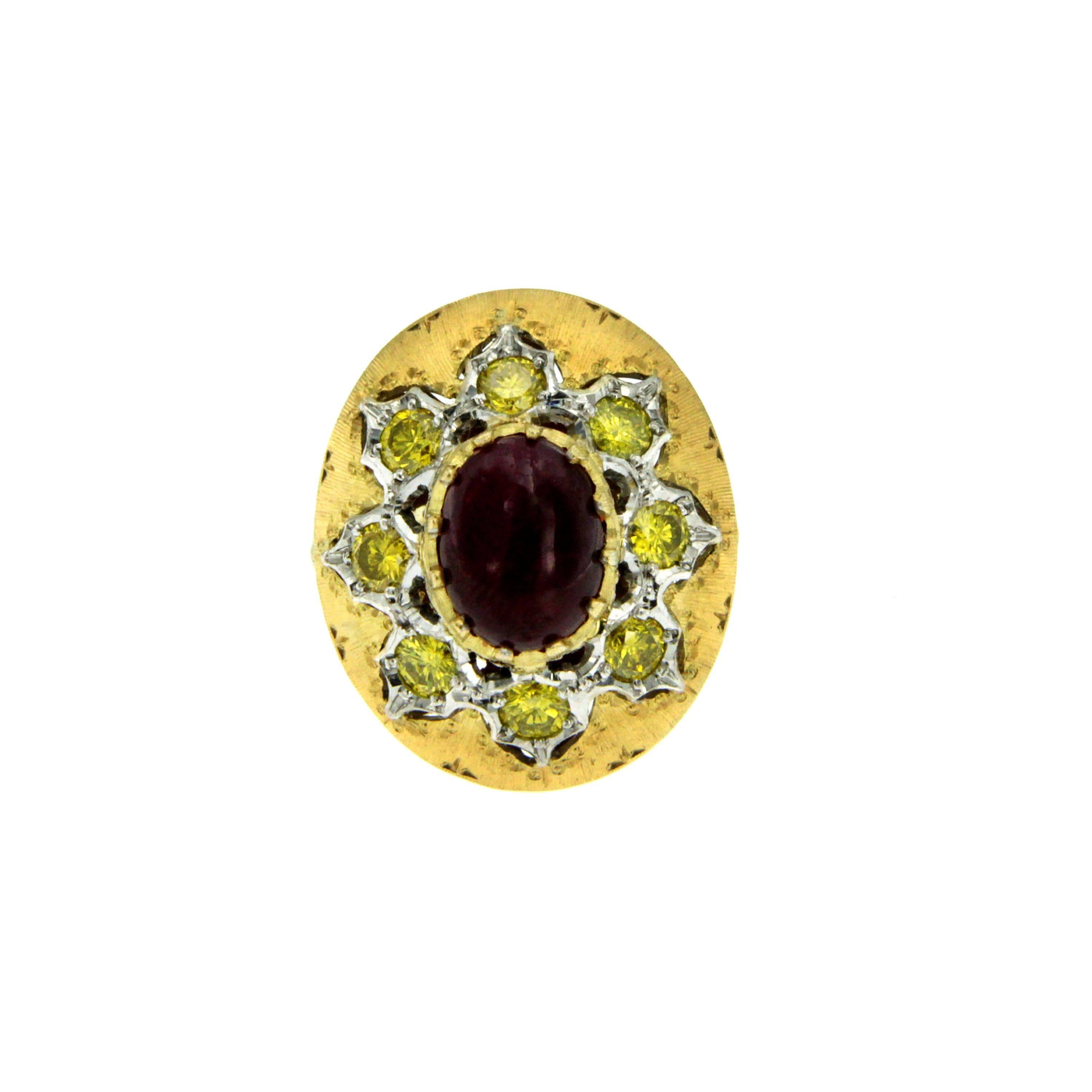 Unique florentine ring and earrings set mounted in 18k yellow Gold. 
Ring: 18k Gold, cabochon Ruby approx. 1.30 ct, round brilliant cut Fancy Diamonds approx. 1.00 carats
Earrings: 18k Gold, cabochon Ruby approx. 2.60 ct,  round brilliant cut