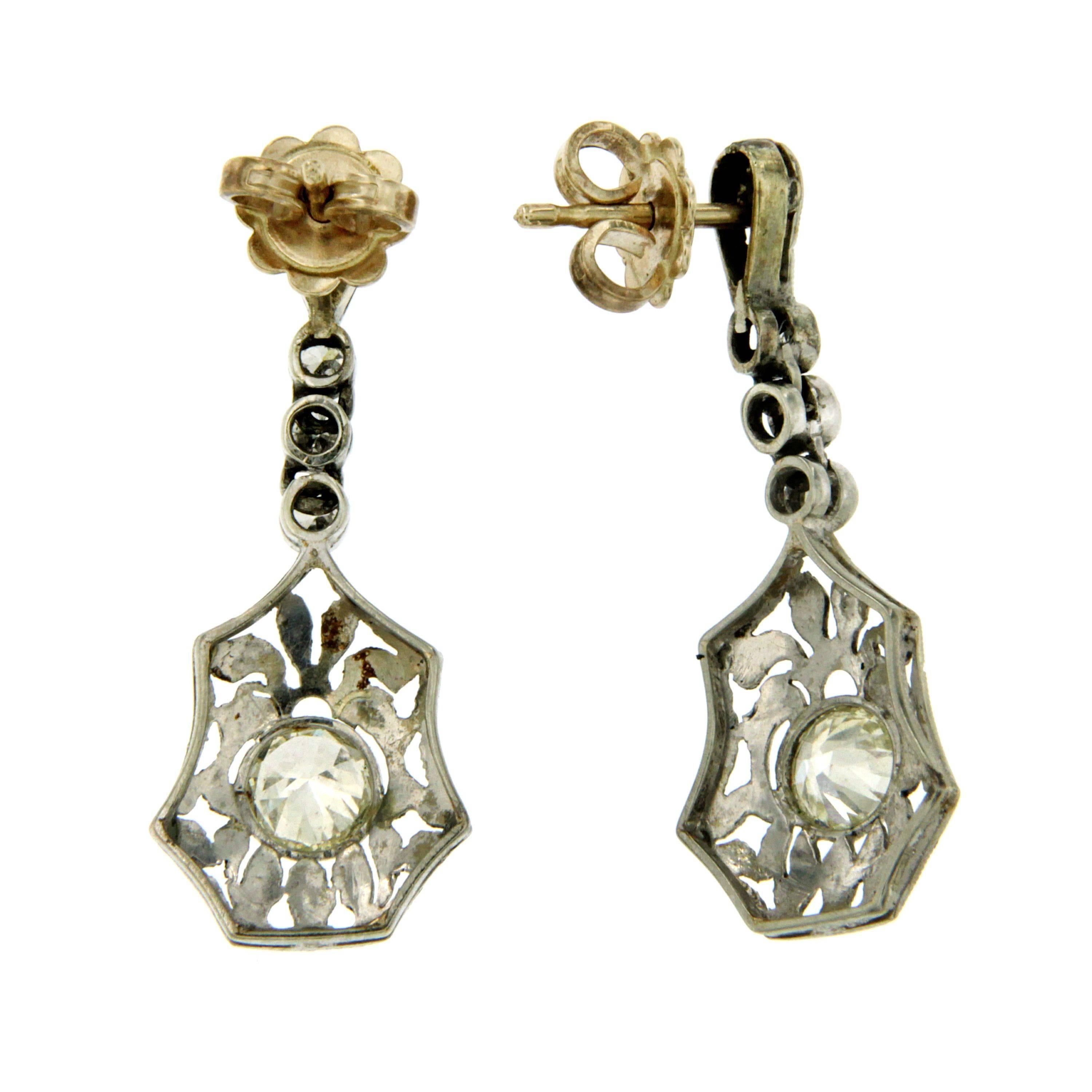 Old European Cut Art Deco Diamond Gold Drop Earrings, 1930s