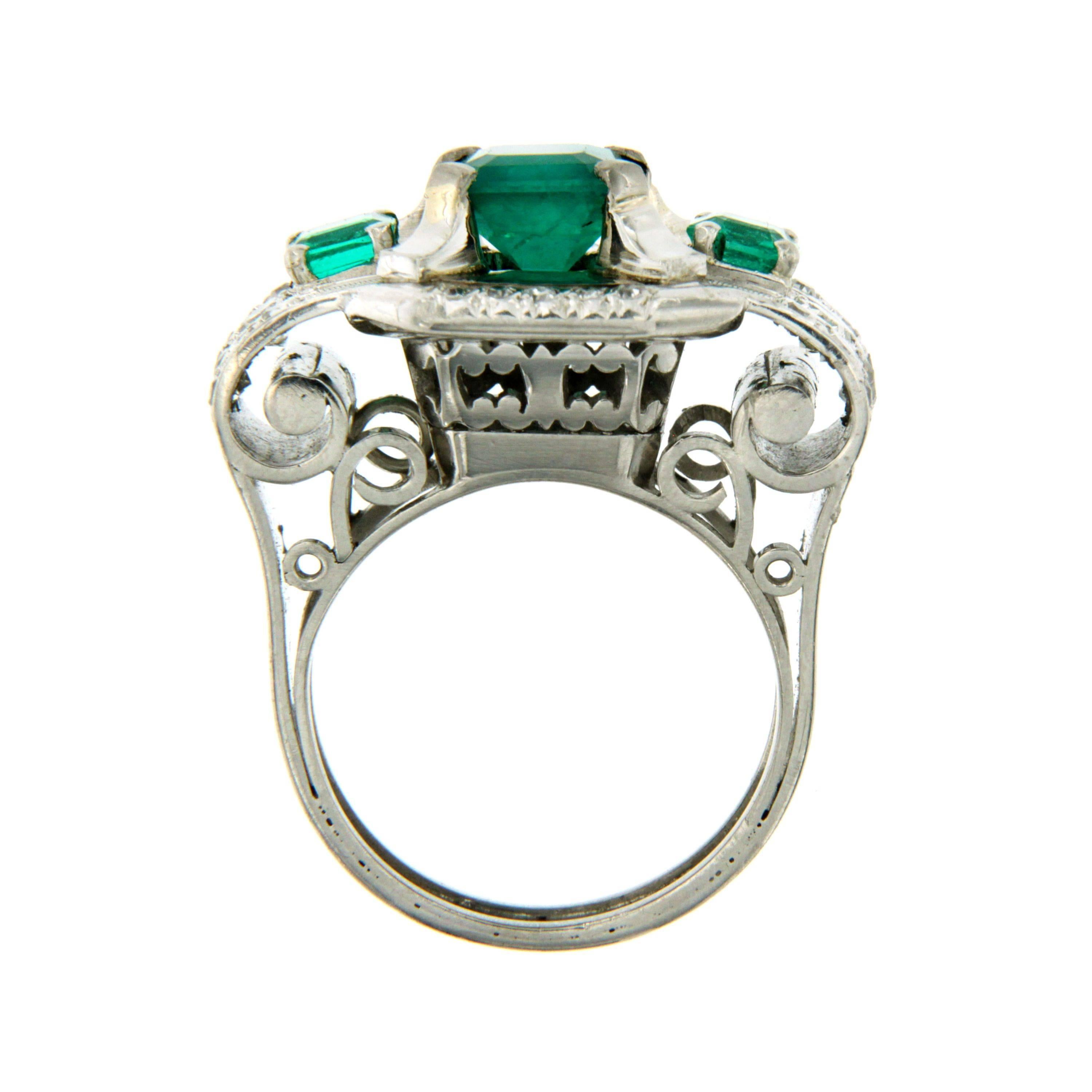 Women's or Men's Art Deco Emerald Diamond Platinum Ring