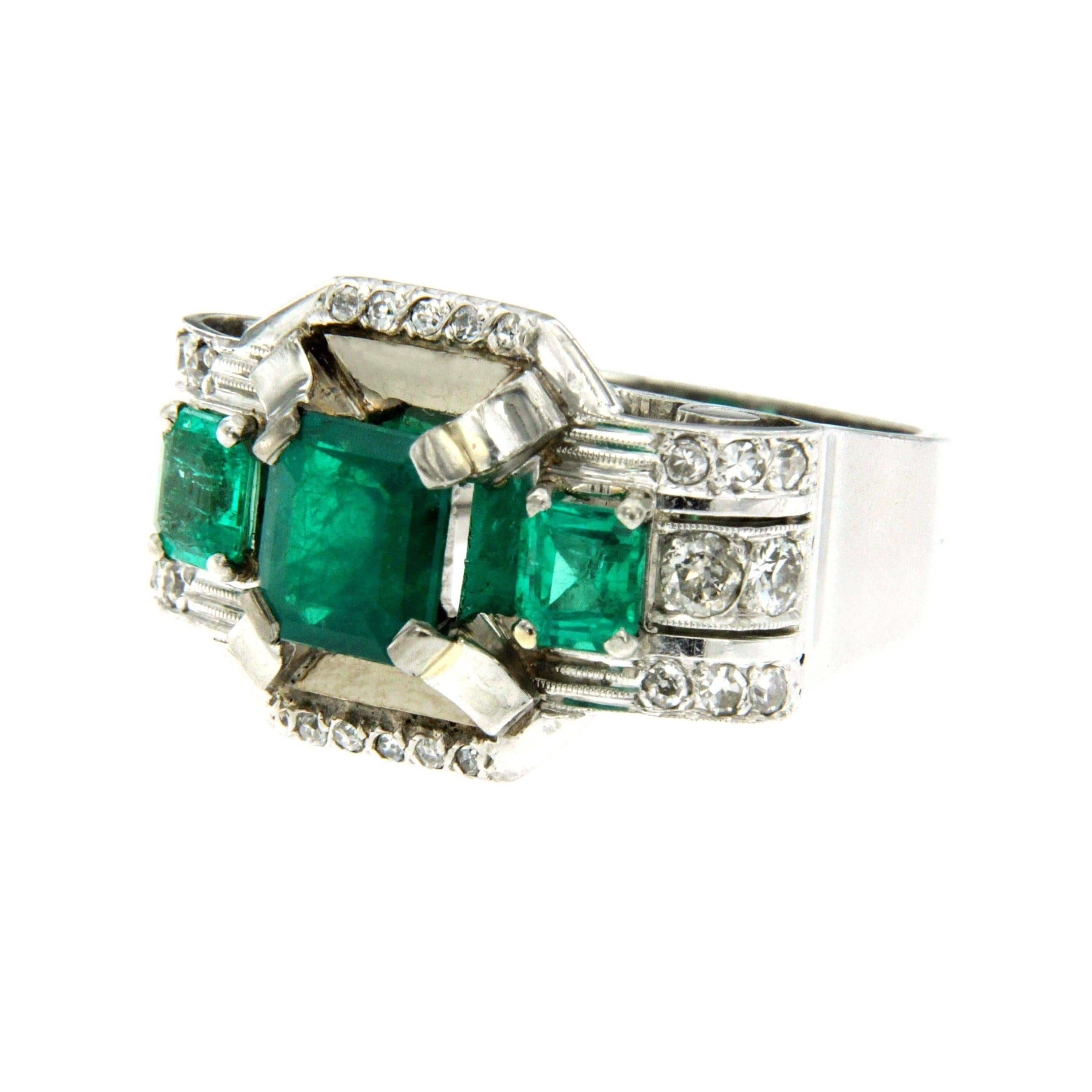 Emerald Cut Art Deco Emerald Diamond Platinum Ring