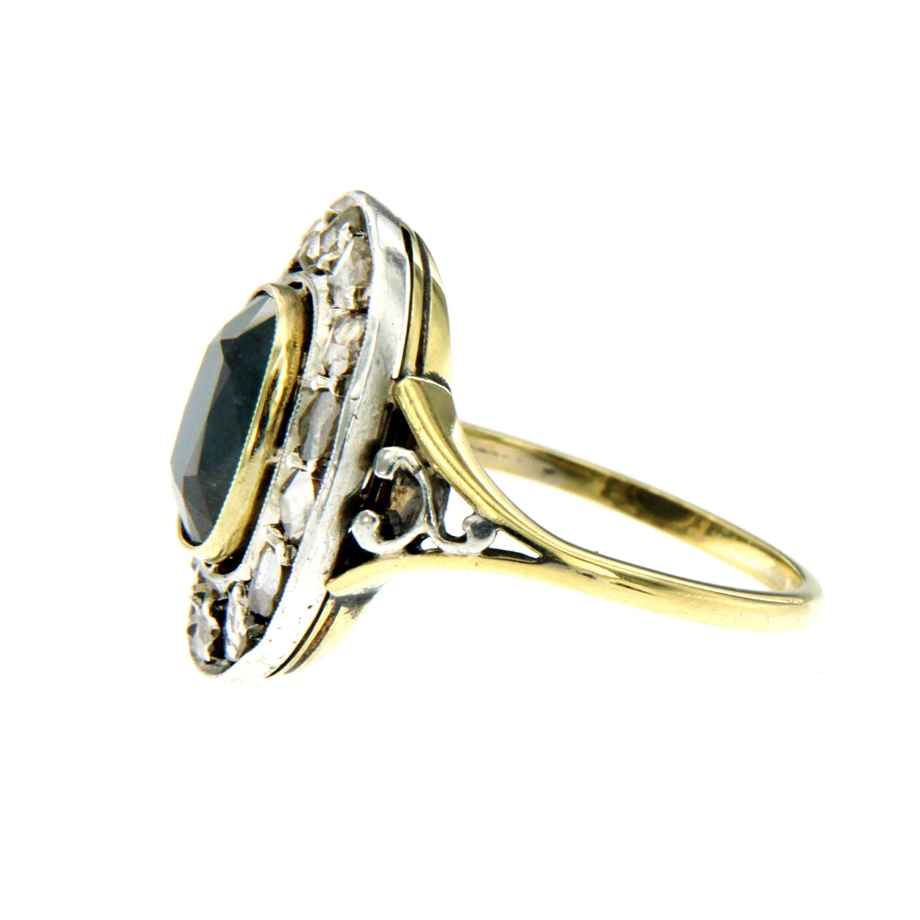 Rose Cut Victorian 4 Carat Sapphire Diamond Gold Ring