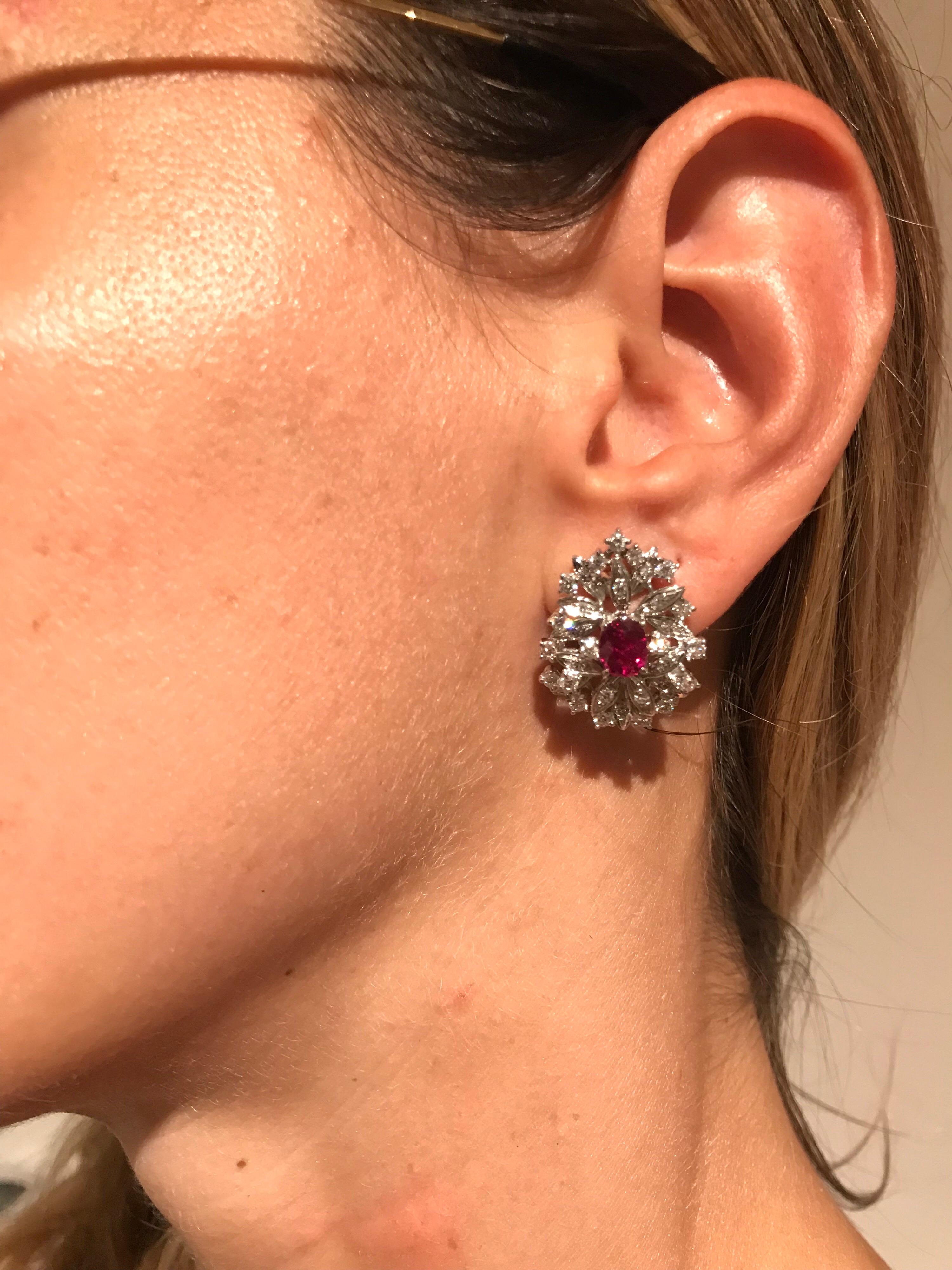 Women's Flower Ruby and Diamond Cluster Earrings