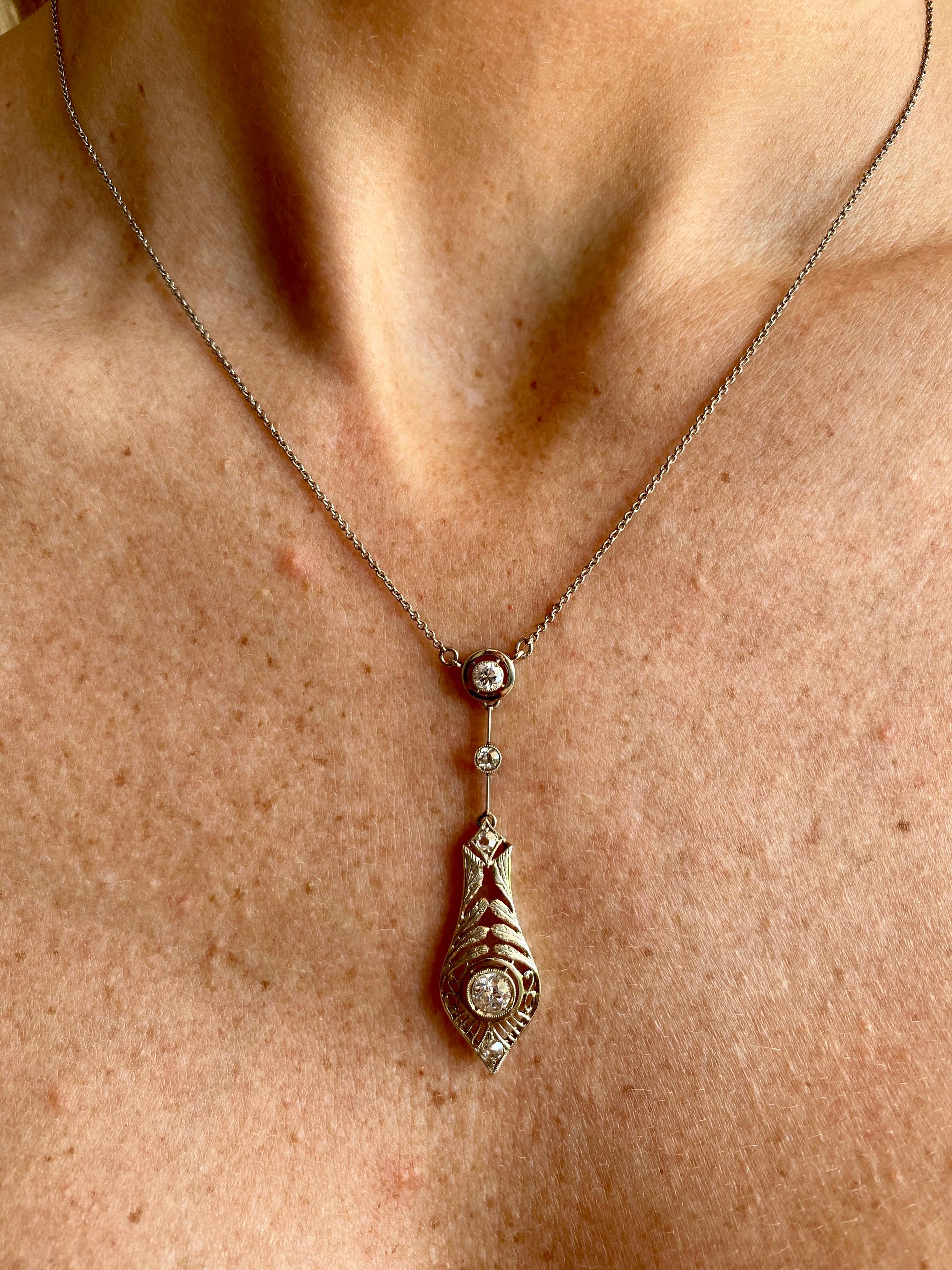 Old Mine Cut Art Deco Diamond Engraved Pendant Necklace