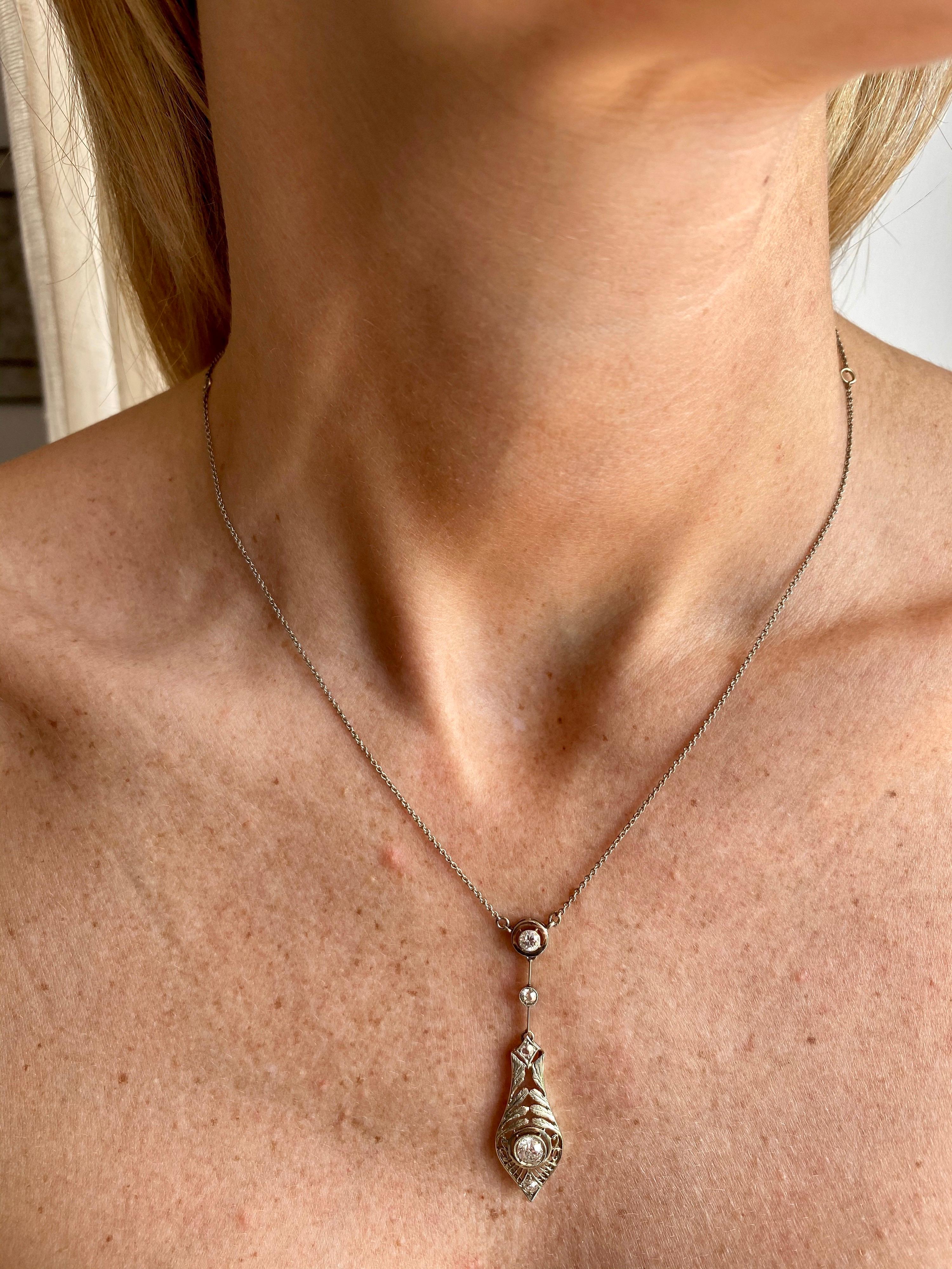 Art Deco Diamond Engraved Pendant Necklace 1