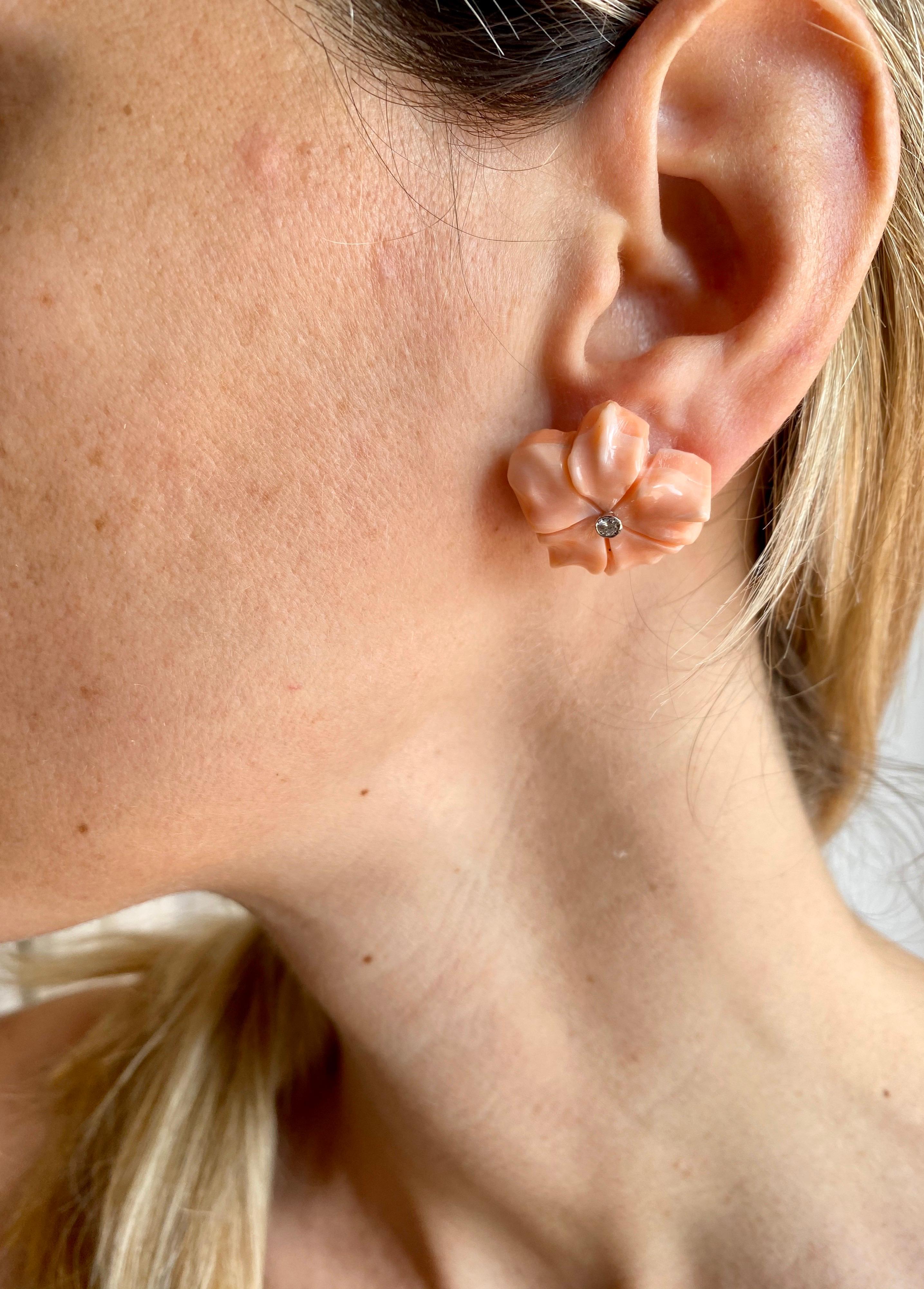 Round Cut 1960s Pink Coral Diamond Stud Earrings