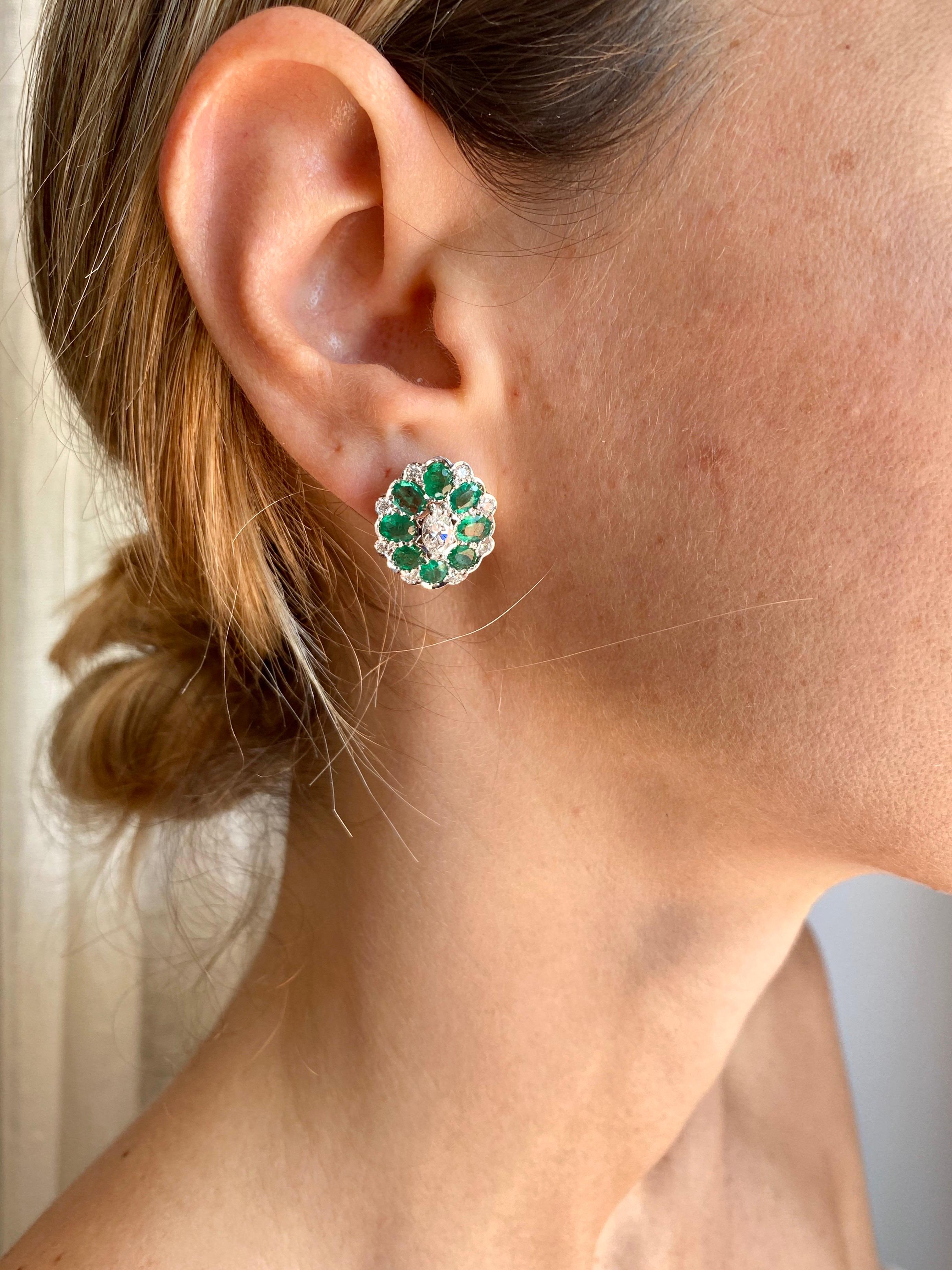 Art Deco Style Colombian Emerald Marquise Diamond Gold Cluster Earrings 3