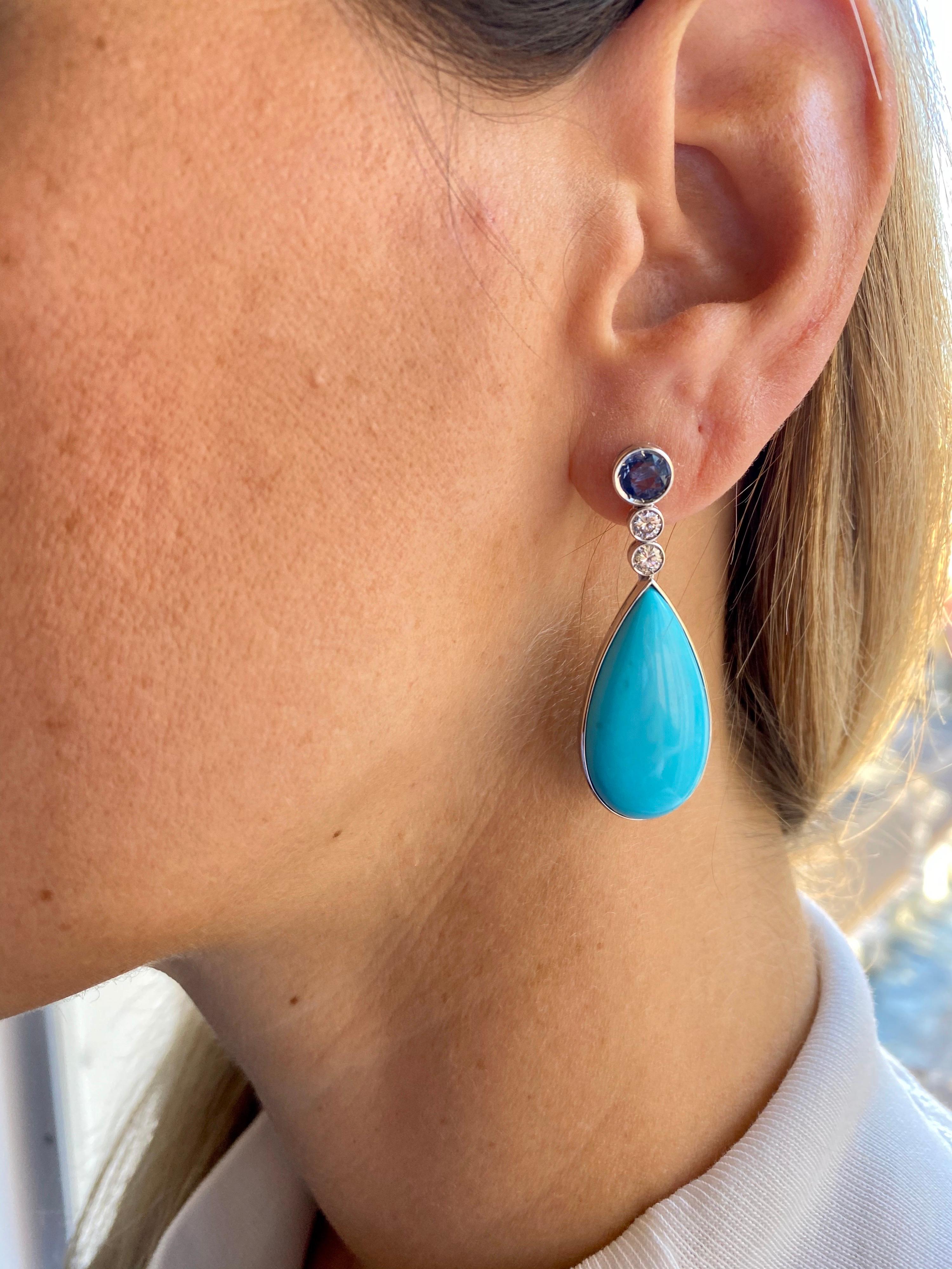 Estate Turquoise Sapphire Diamonds Drop Earrings 4
