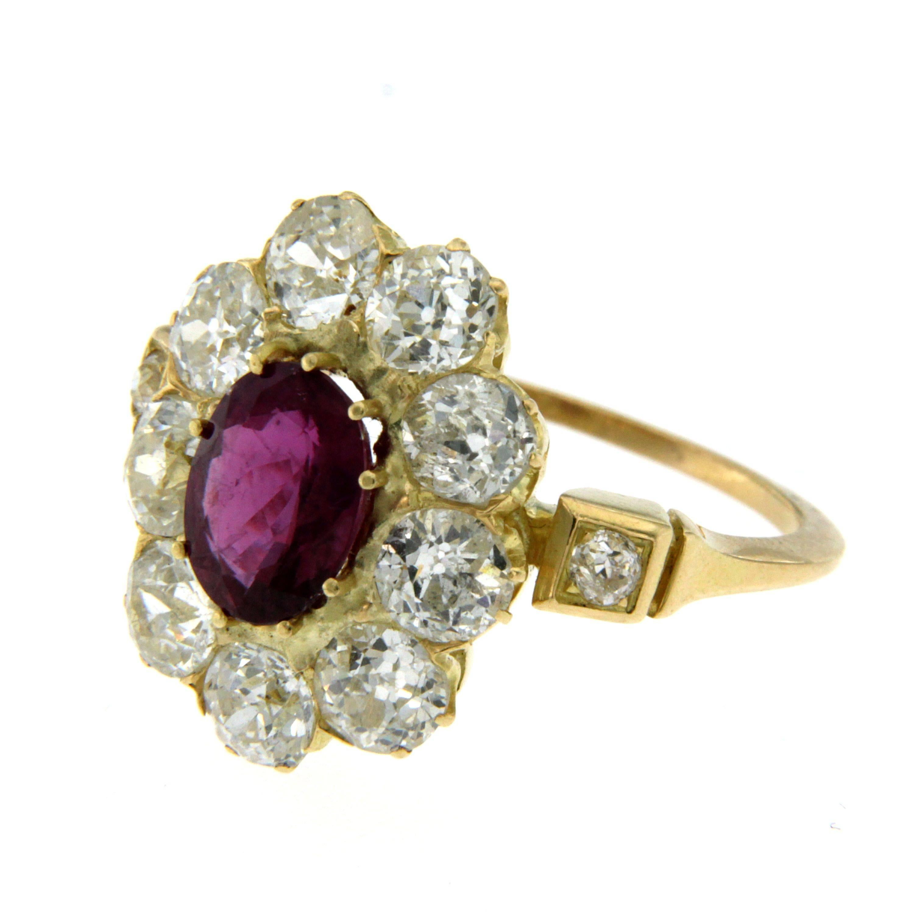 Feminine and sensual daisy shape genuine Victorian handmade ring 1890 circa

Natural ruby weighing 2.50 carats of outstanding color, light and clarity, surrounded by 9 Old Mine cut Diamonds each 0.35 ct approximately - Tot. 3.15 carats Color I