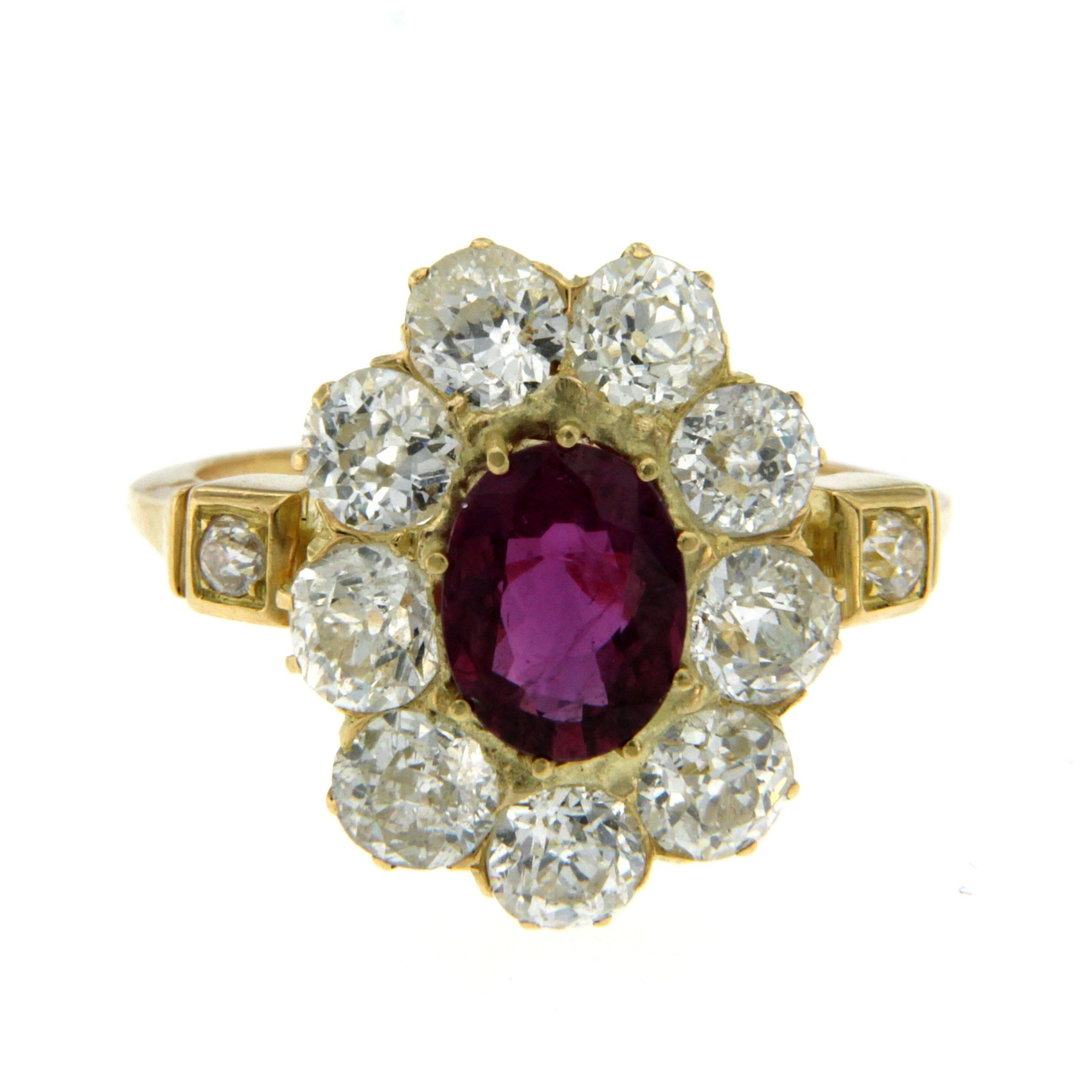 Late Victorian Victorian 2.50 Carat Natural Ruby Diamond Gold Cluster Ring