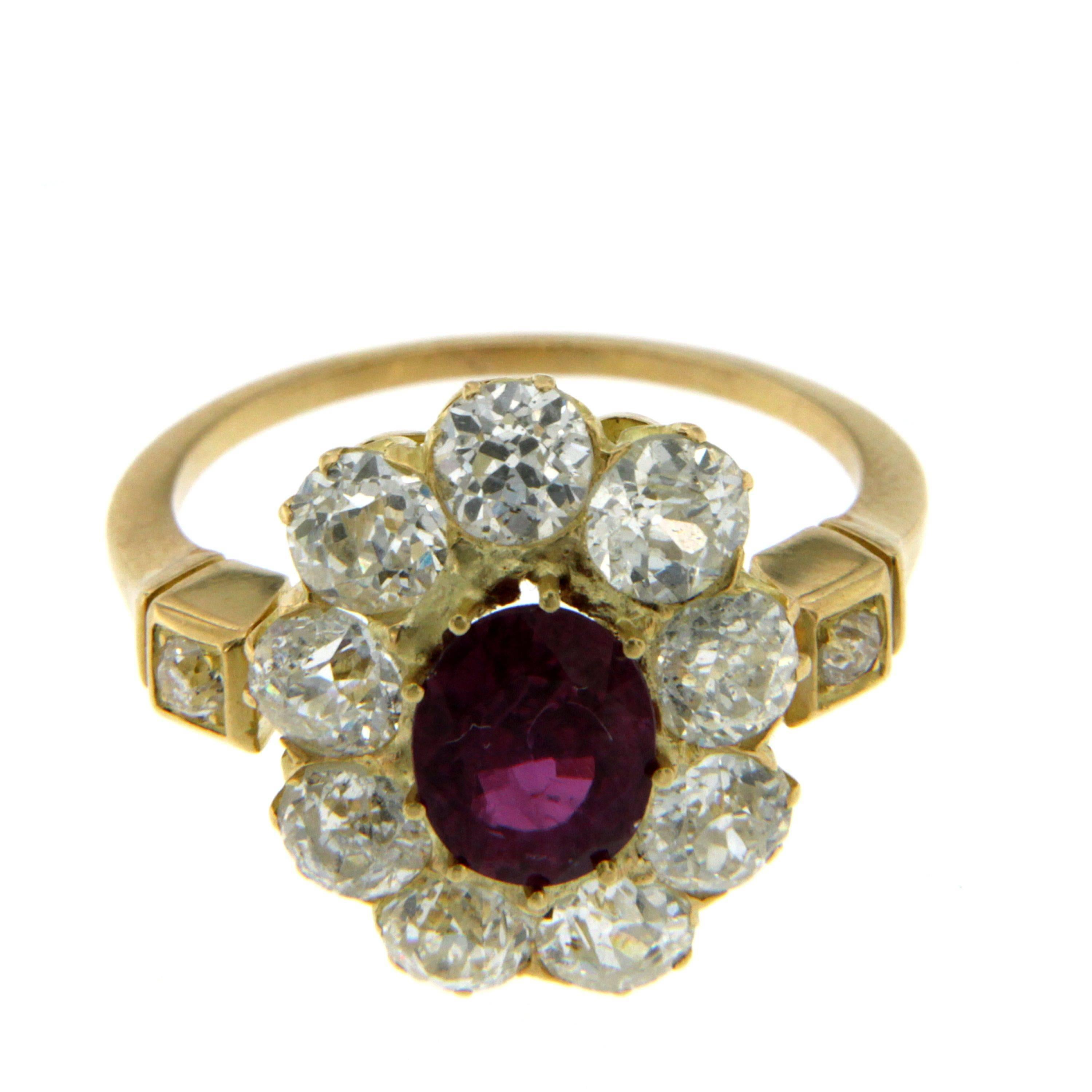 Victorian 2.50 Carat Natural Ruby Diamond Gold Cluster Ring 1