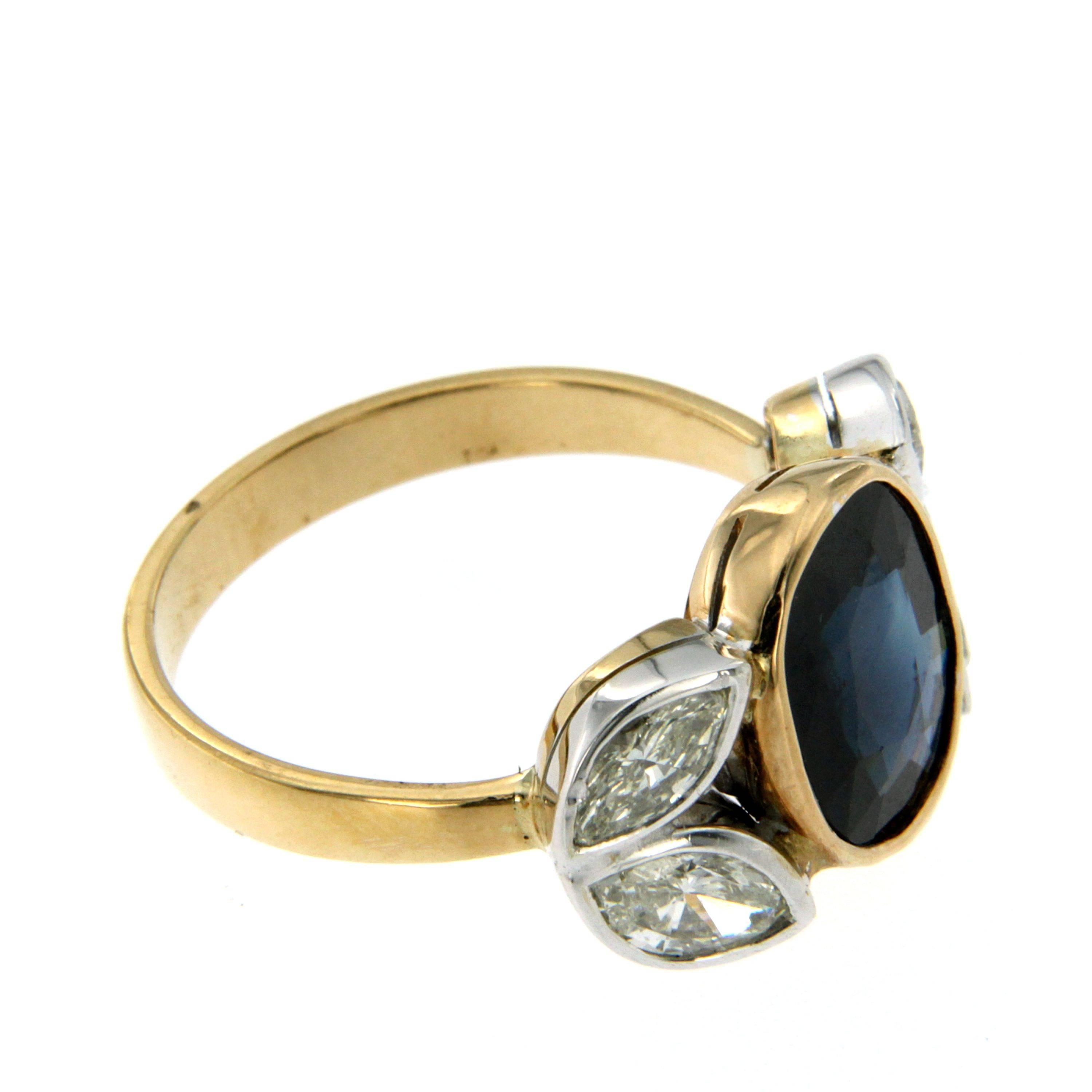 Marquise Cut 1940s Sapphire Diamond Gold Ring