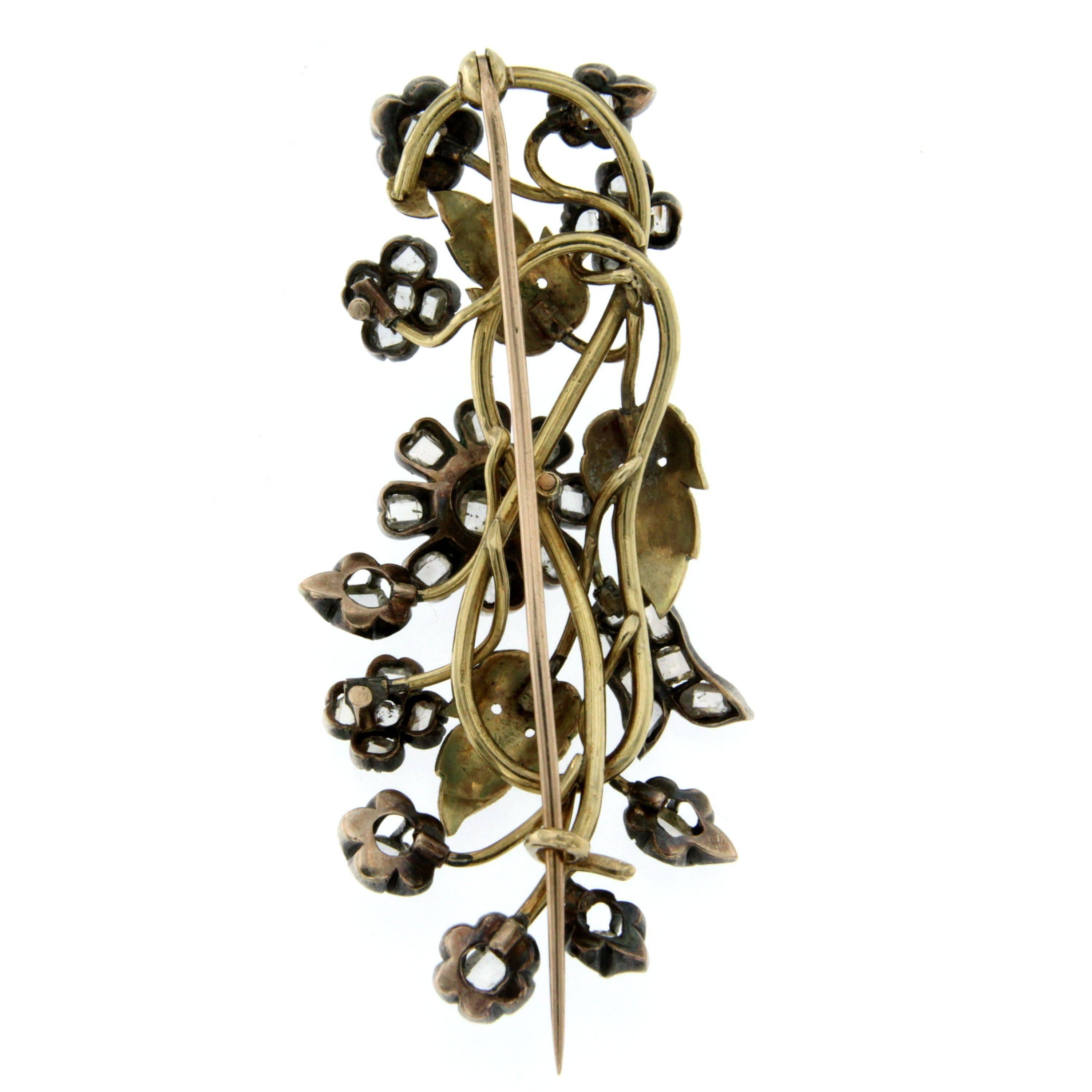 Art Nouveau 1850s Enamel Diamond Flower Branch Brooch