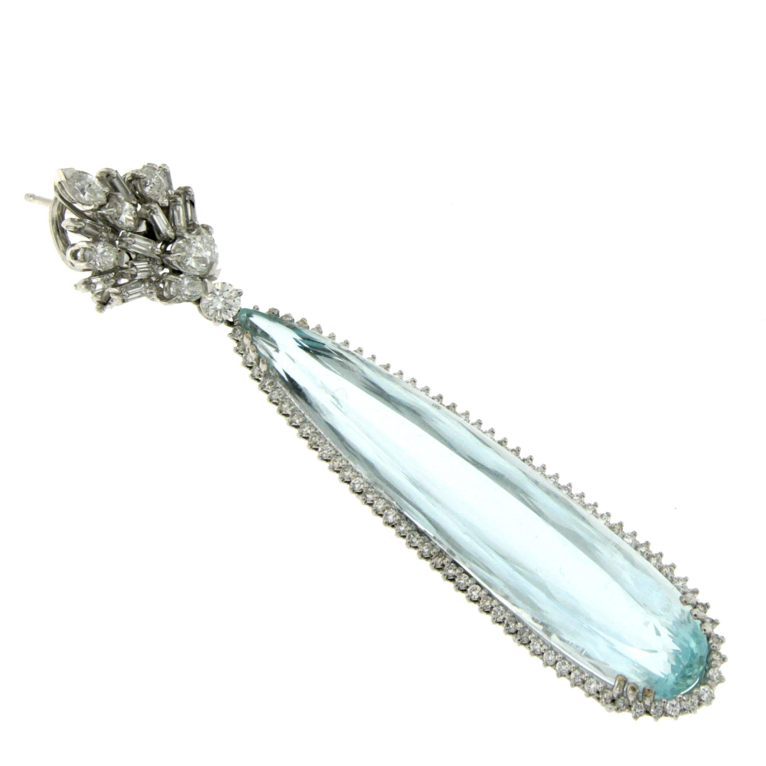 Substantial in size and spectacular in appearance, this stunning pair of earrings is set in 18k White Gold and features two beautiful long pear shaped Aquamarine weighing a total of approximately 60 cts surrounded by micro set white diamonds,