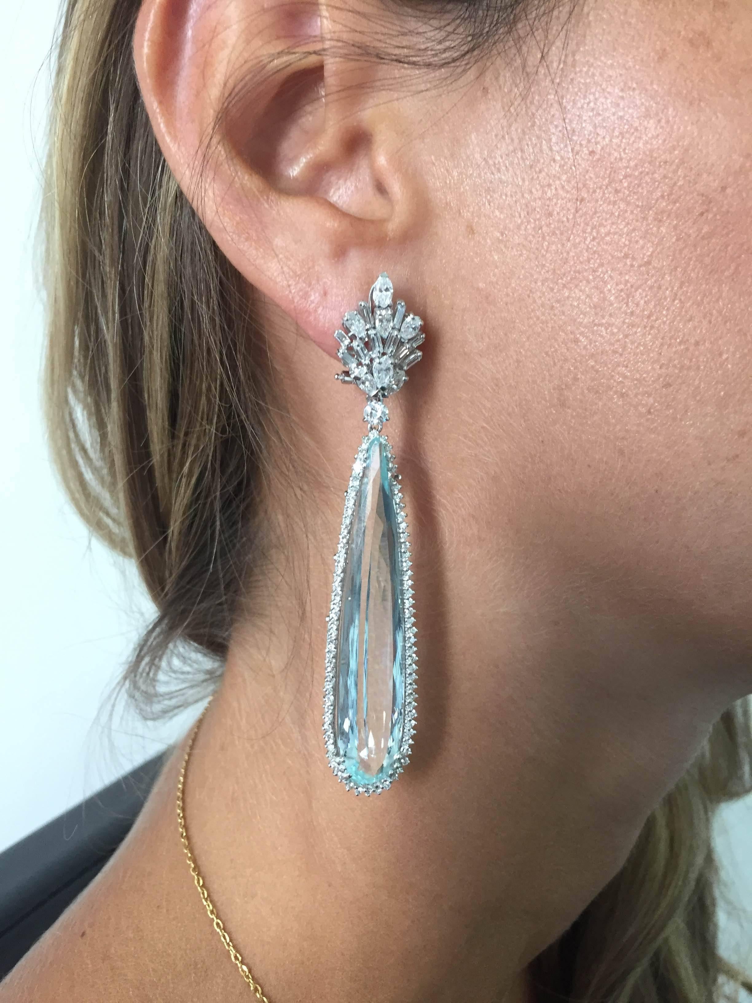 Women's 60 Carat Aquamarine Diamond Gold Earrings