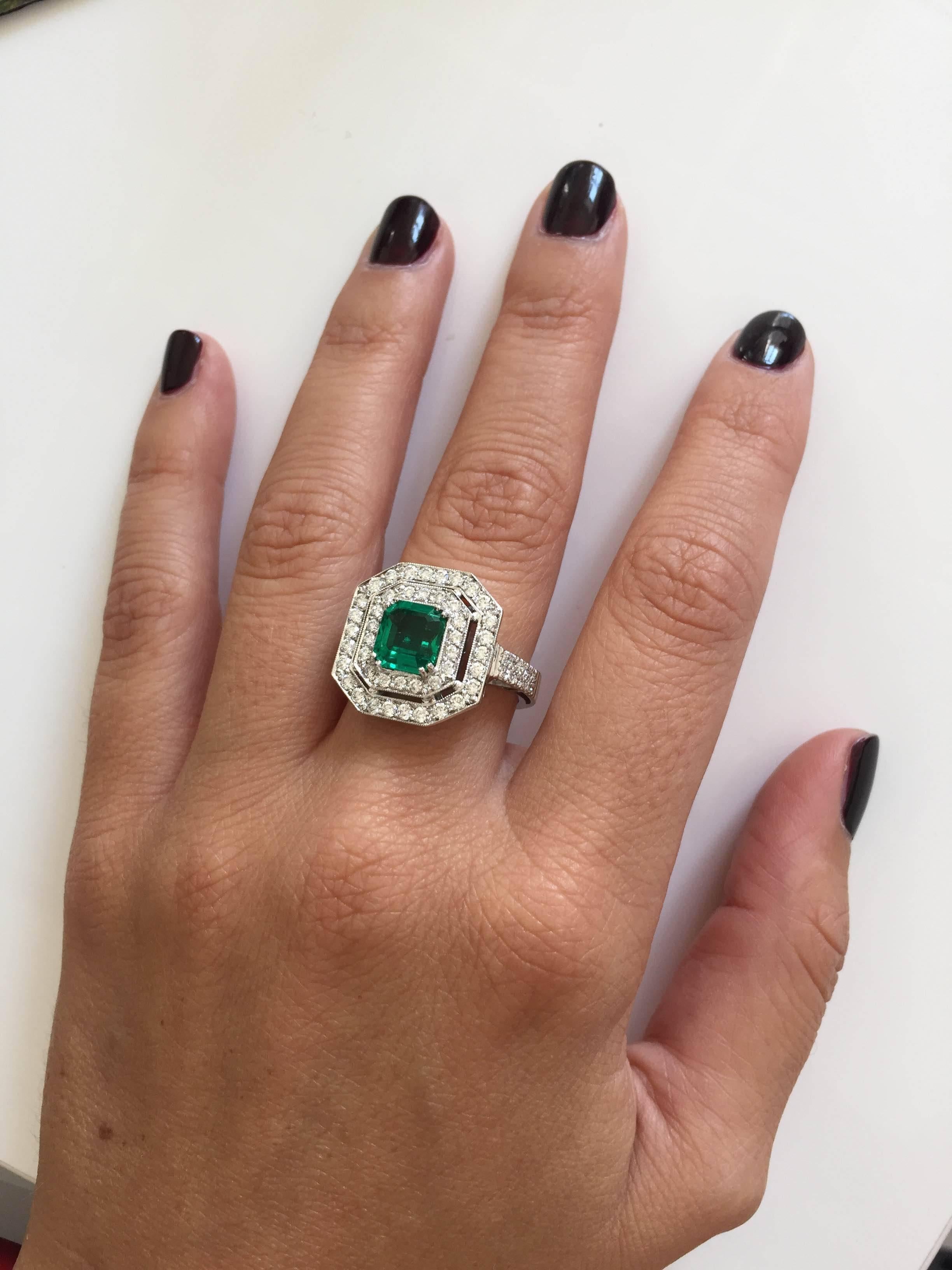 1.67 Carat AGL Cert Emerald Diamond Gold Engagement Ring 2