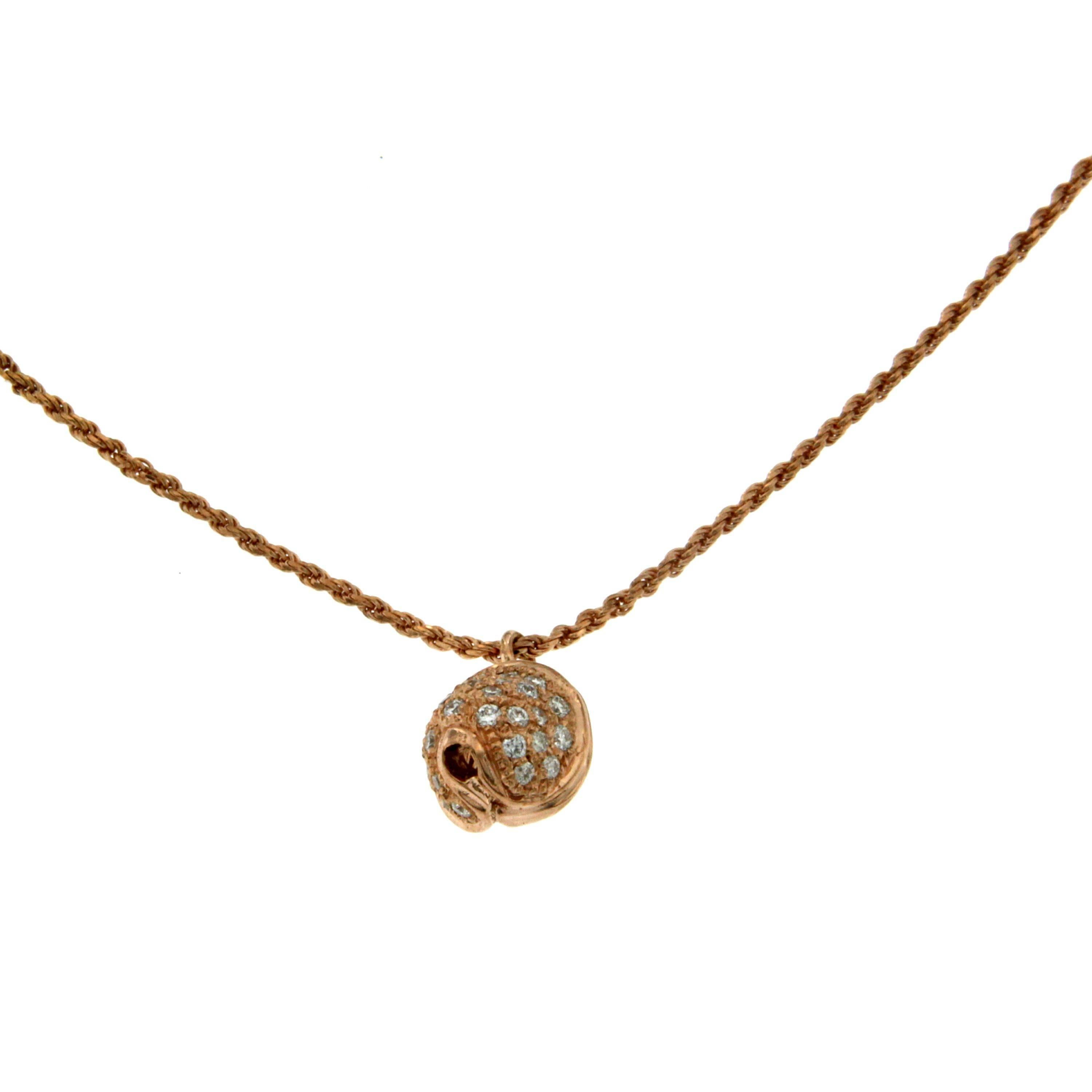 This sophisticated and adorable pendant is rendered in 18k Rose Gold with 0.30 ct of sparkling diamonds.
Chain Length can be made to any size.

This necklace is from our own production. It can be ordered upon request, choosing the Diamond, Gold