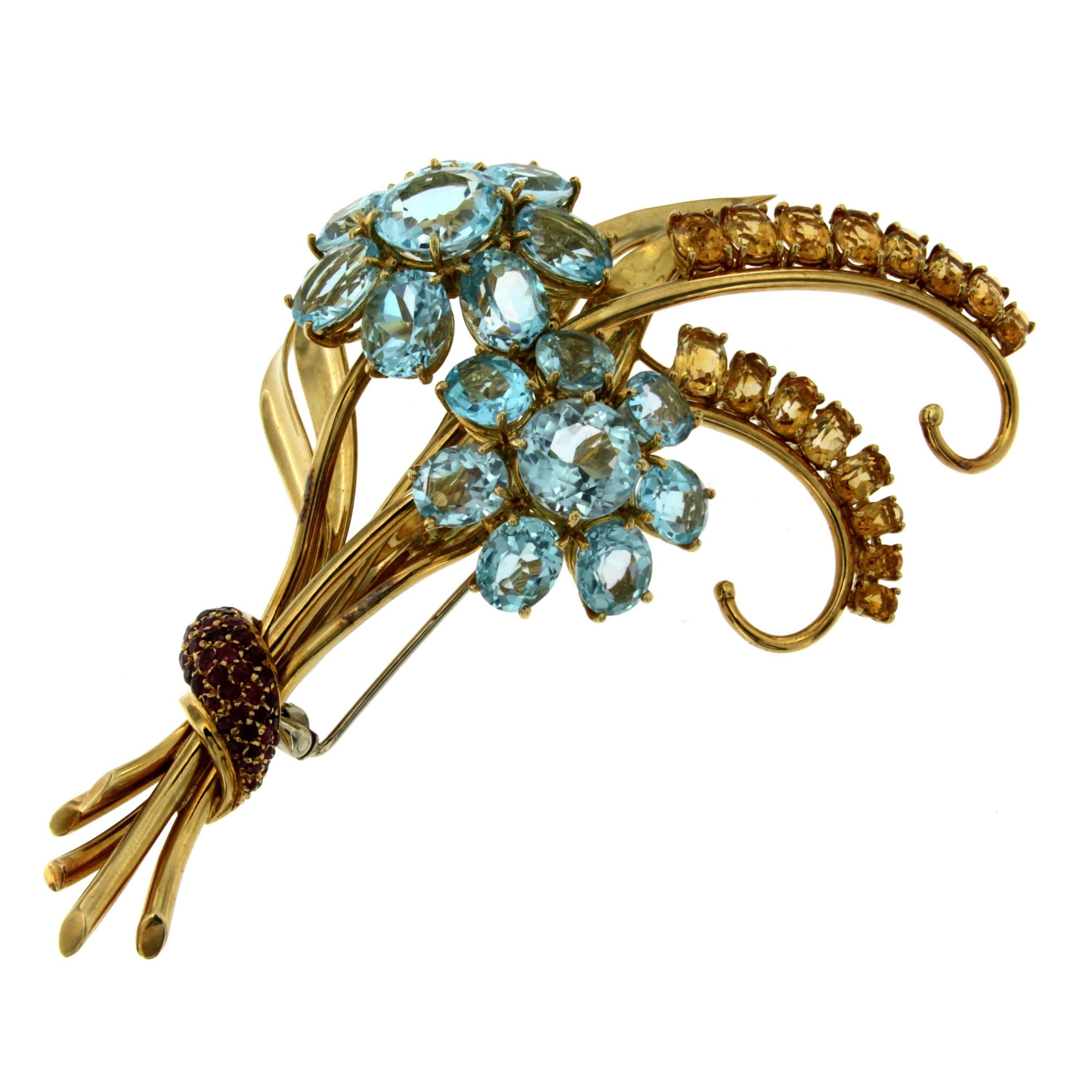 Topaz Citrine Ruby Gold Flower Brooch In Excellent Condition In Napoli, Italy