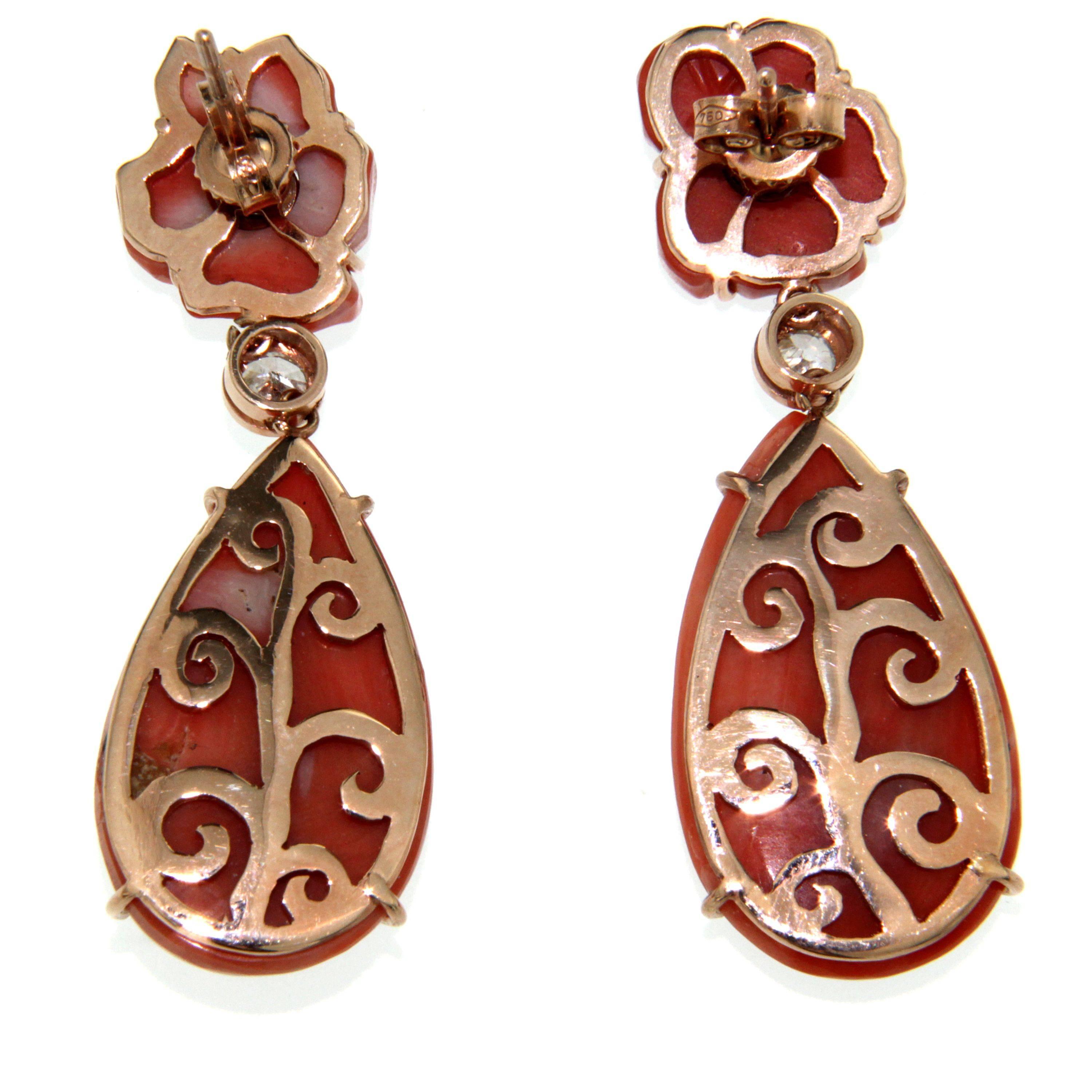 Coral Diamond Gold Drop Earrings In Excellent Condition In Napoli, Italy