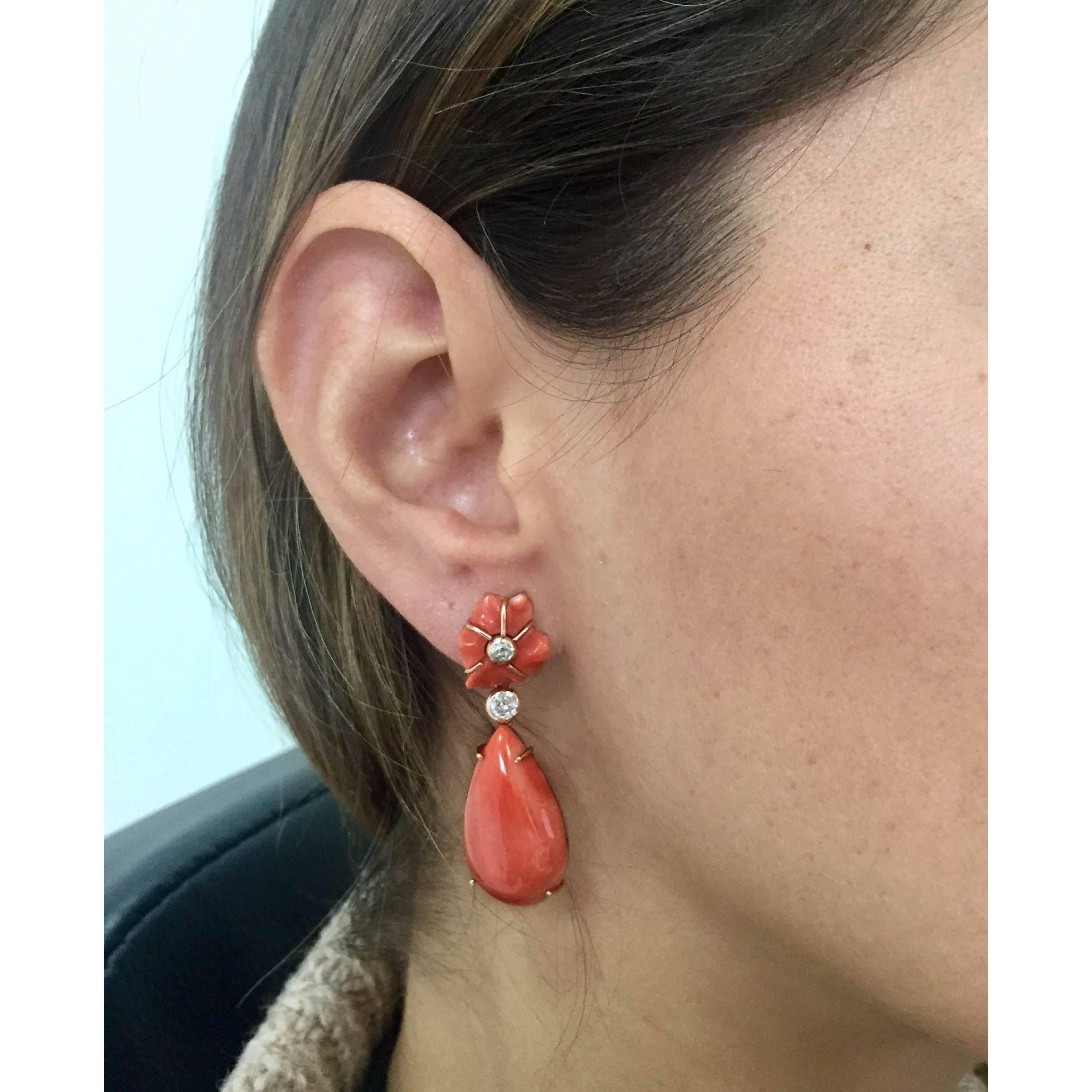 Women's Coral Diamond Gold Drop Earrings