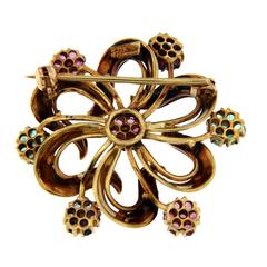 Italian multi gem Gold Flower Brooch