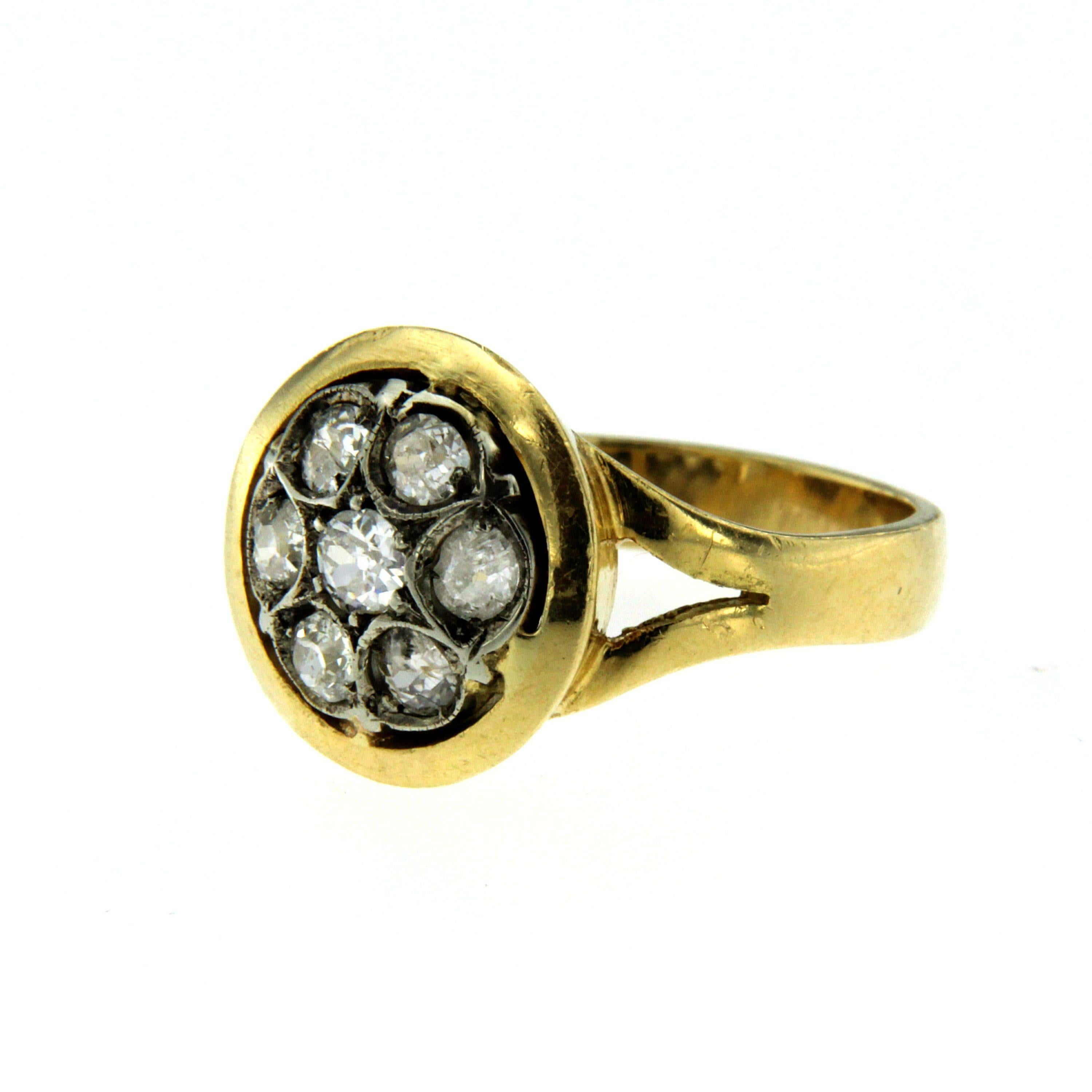 This 1890s antique diamond cluster ring is made in 18kt yellow gold and boasts a center Old-mine cut diamond encircled by a further six antique Old-mine cut diamonds weighing an approx. total of 1ct, I color vs2.
Origin Italy

Gross Weight: 5.5