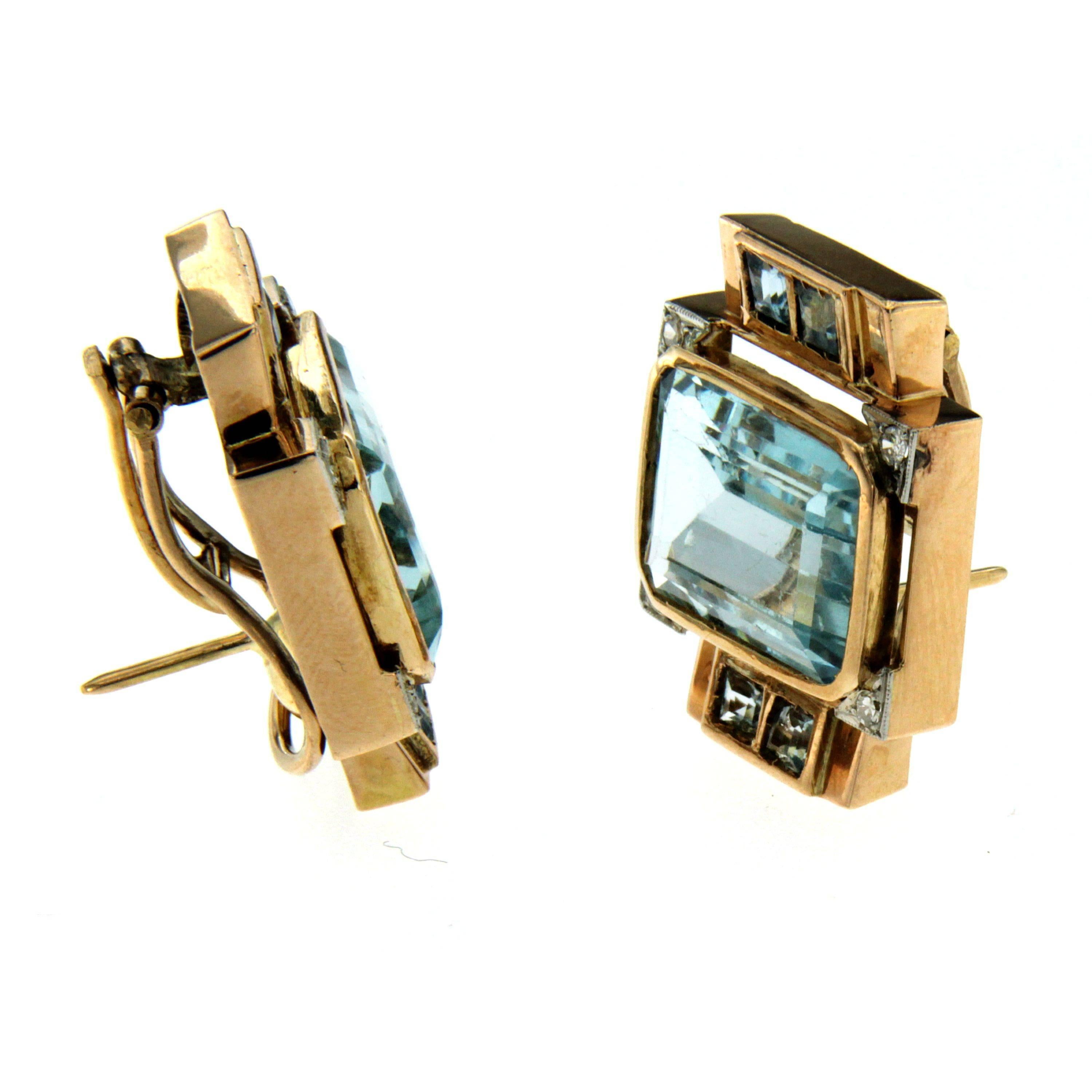 Retro 1940 Aquamarine Diamond Gold Earrings