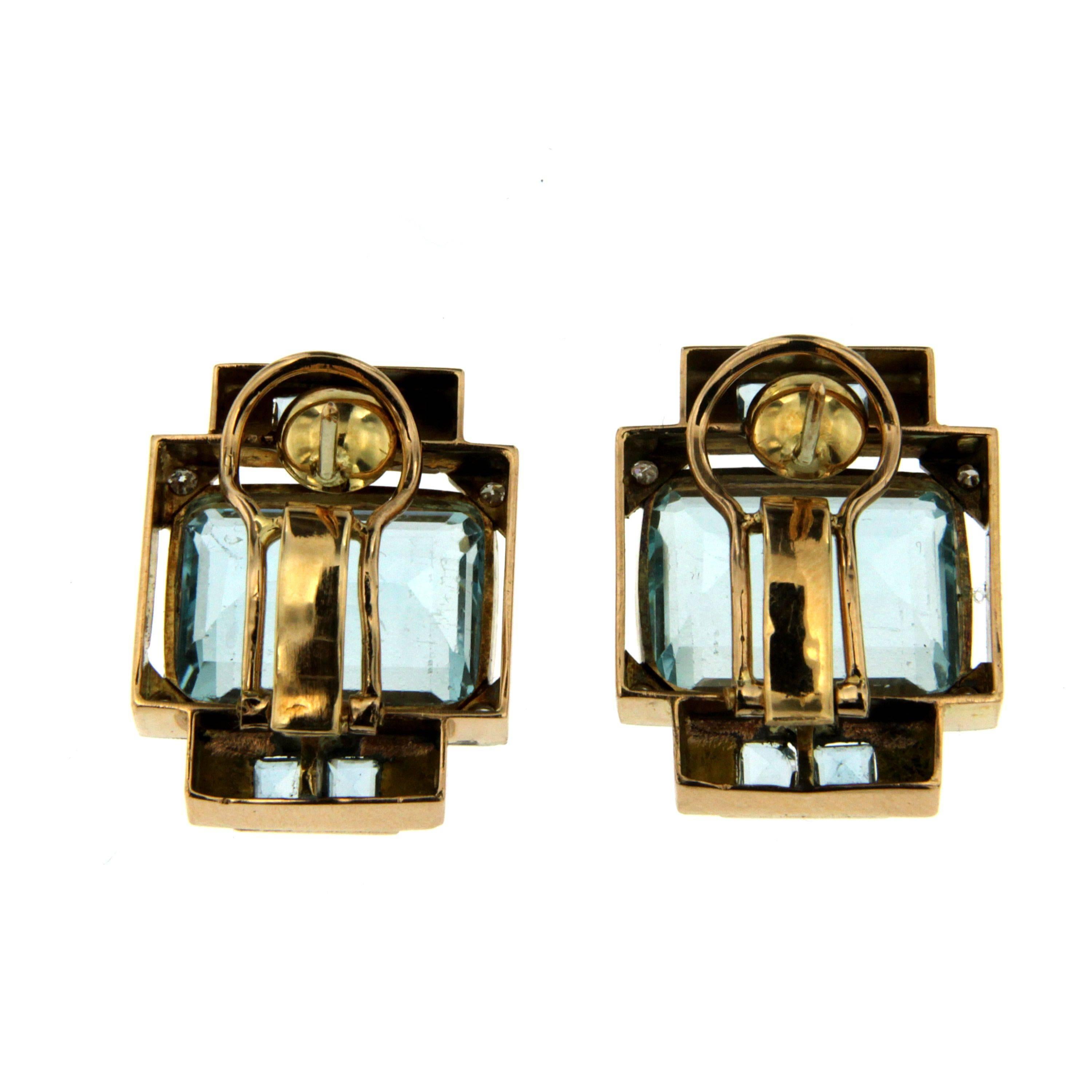 1940 Aquamarine Diamond Gold Earrings In Excellent Condition In Napoli, Italy