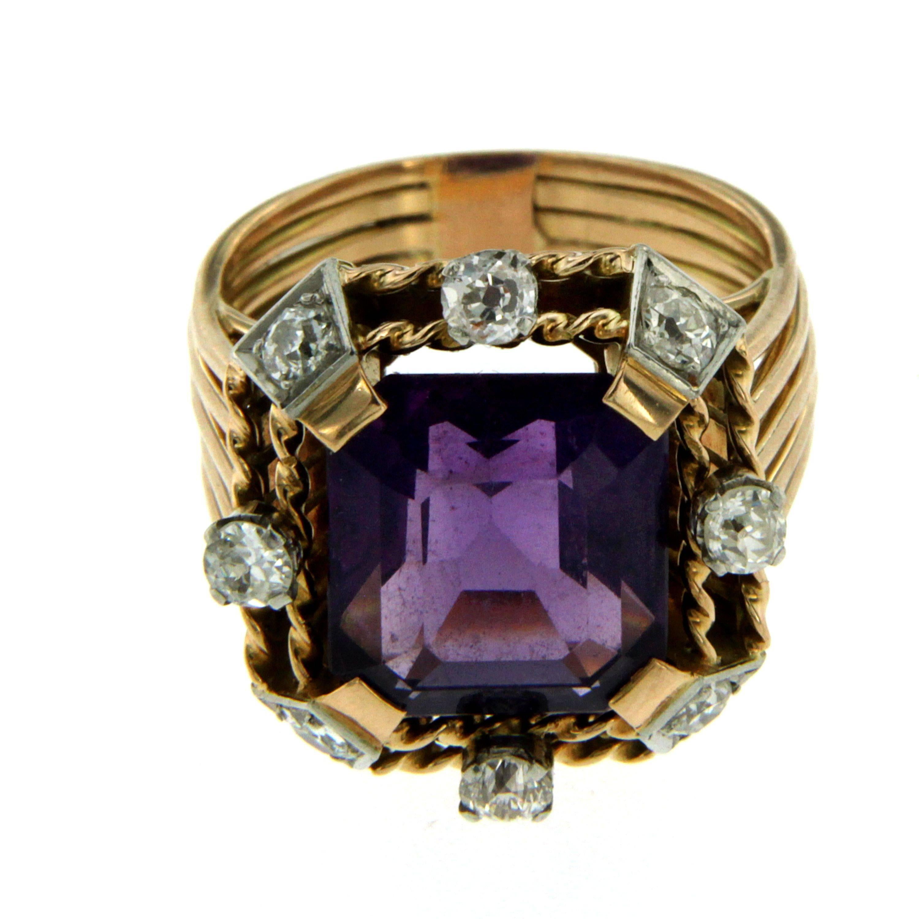 Retro Amethyst Diamond Gold Ring In Excellent Condition In Napoli, Italy
