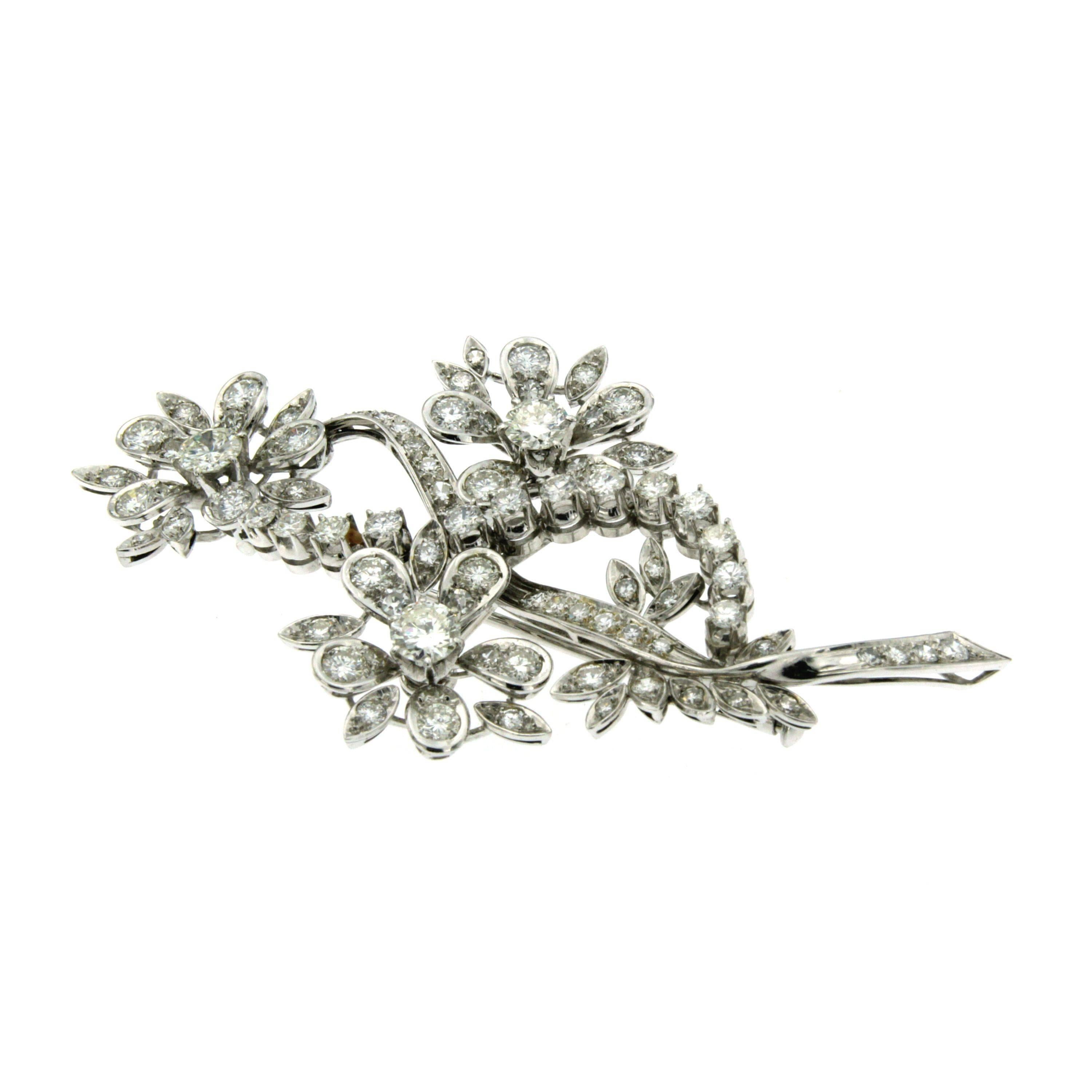 Italian Handcraft Flower Brooch with approximately 5 ct F/VVS of round brilliant cut diamonds, mounted in 18k white gold.
The clasp is a pin with a safety pump. Circa 1940

CONDITION:Pre-owned - Excellent
METAL:18k White Gold
GEM STONE: Diamond