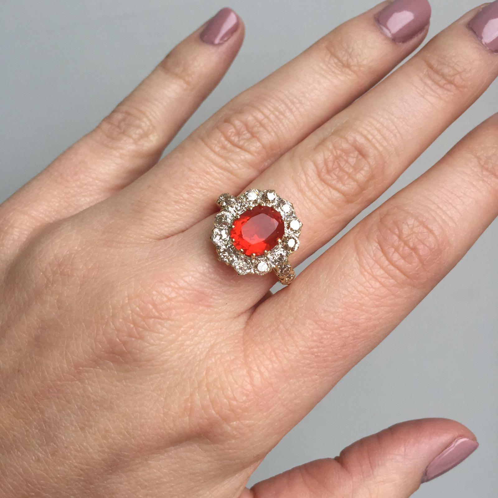 Antique Fire Opal Diamond Cluster Gold Ring 4